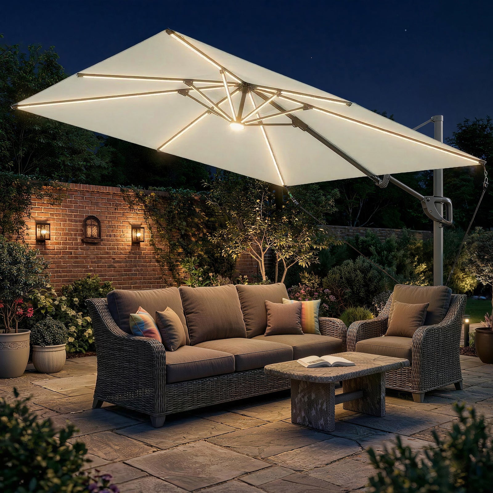 3 X 3 M Garden Cantilever Parasol W/ Light, Cover, Wind Protection | Cream