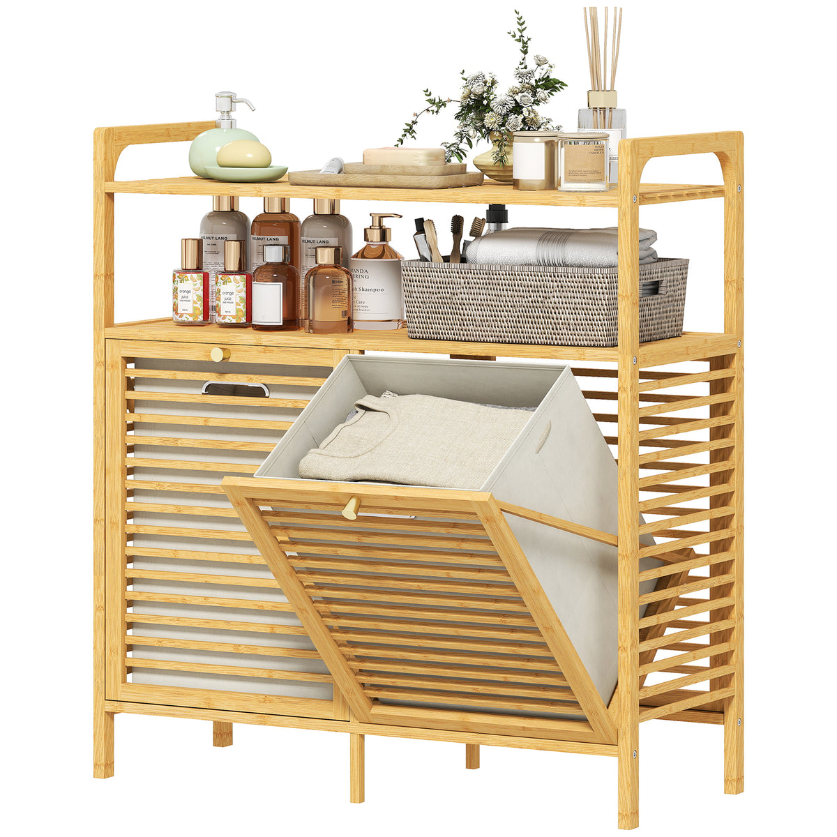HOMCOM Double Tilt Out Laundry Cabinet Bamboo Laundry Hamper Cabinet