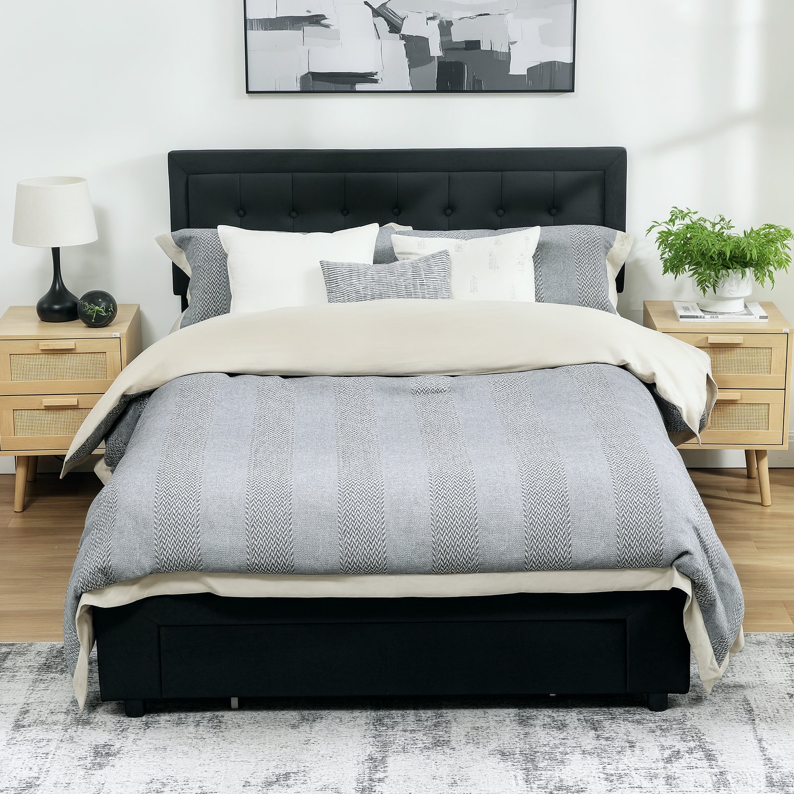 Double Bed Frame With Storage And Adjustable Velvet Headboard | Black