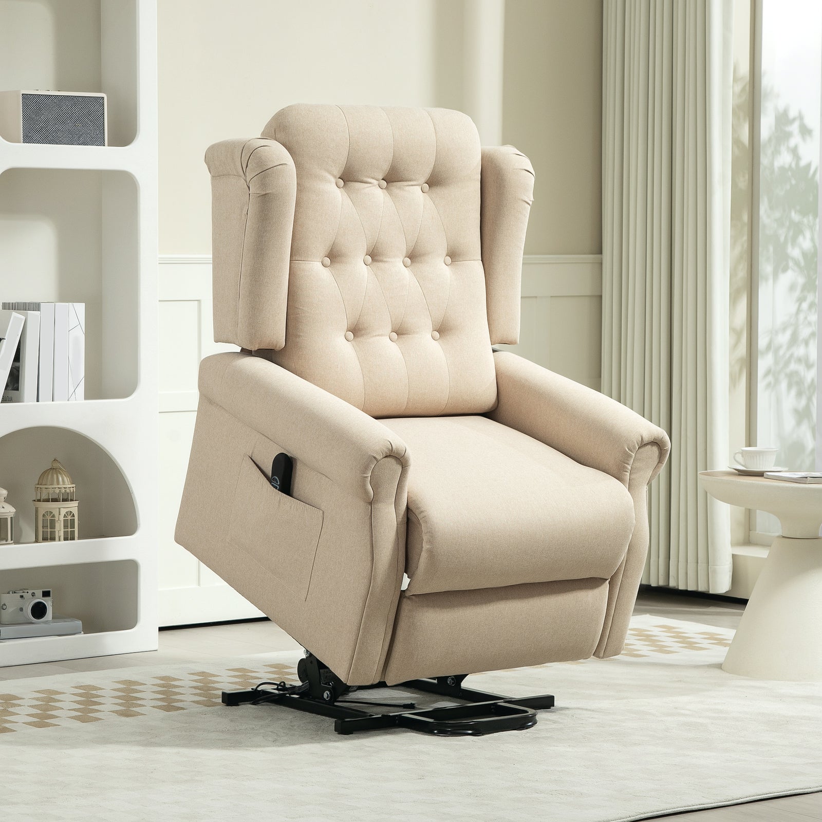 Power Lift Recliner Armchair With Wingback, Button Tufted | One Size | Beige