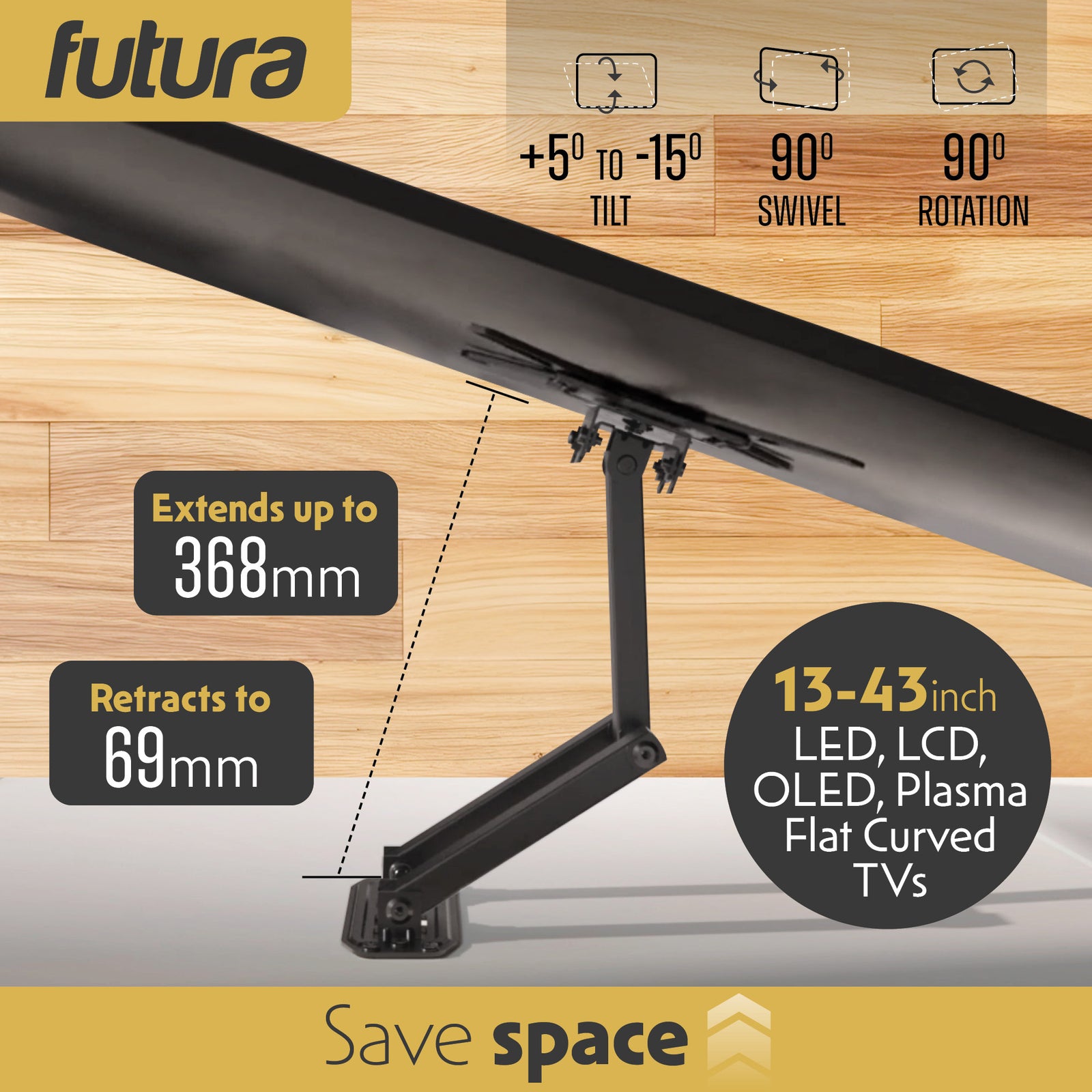 Universal Tv Wall Bracket Mount For 13-43 Inch Tvs, Tilt, Swivel & 90 Rotation, Vesa 75x75mm To 200x200mm, 20kg Max Load