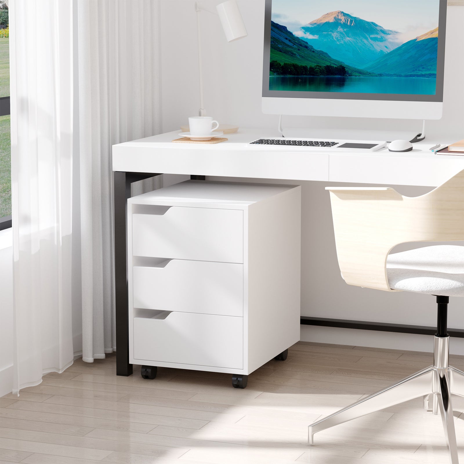 Mdf Mobile File Cabinet With 3 Drawers Locking Wheels | One Size | White