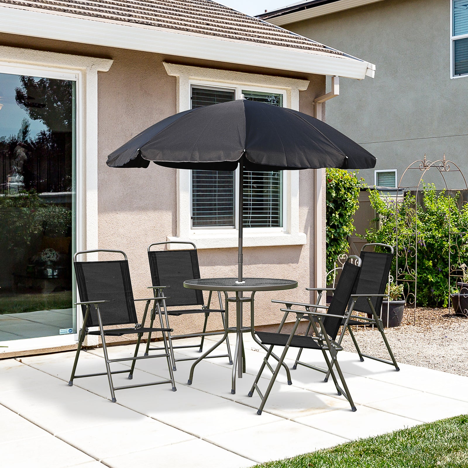 6pc Garden Dining Set Furniture Folding Chairs Table Parasol | Black
