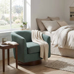 Modern Swivel Accent Chair With Linen Upholstery, Barrel Back Design, 360° Rotating Base, Foam Cushioned Seat & Wooden Frame