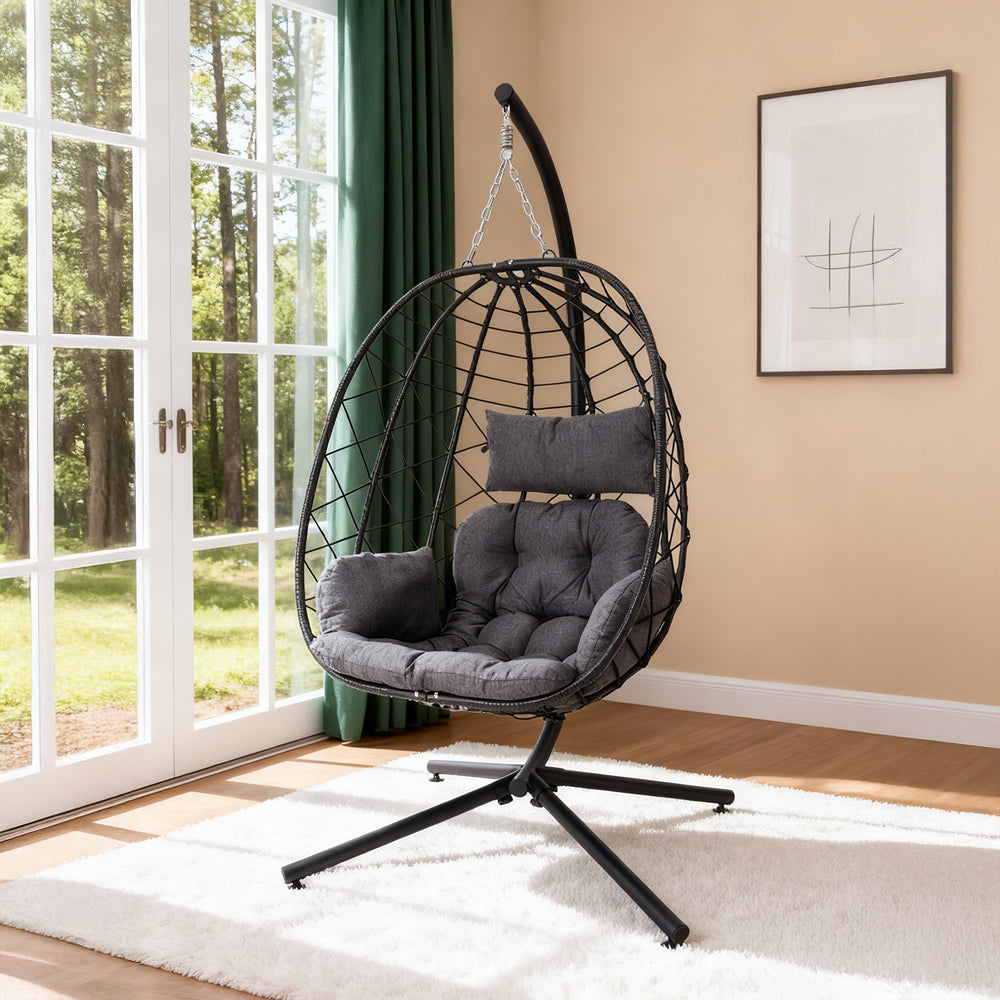 Egg-shaped Hanging Chair With Soft Cushion & Headrest | One Size | Black