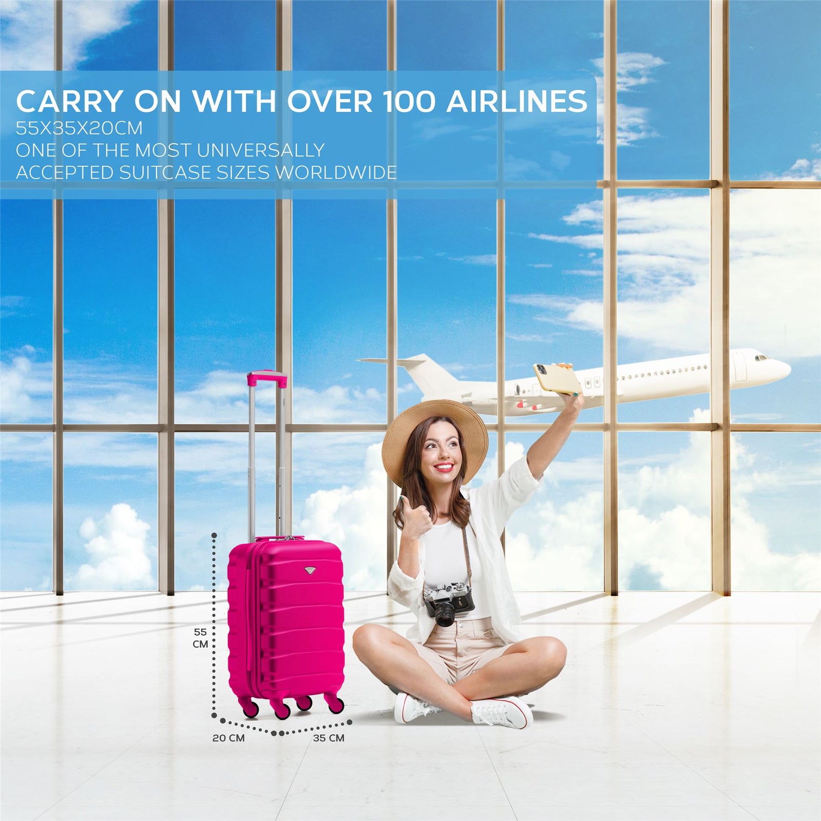 55x35x20cm Cabin Carry On Suitcase Hard Shell Overhead Luggage 100+ Airlines Approved | Cabin | Pink