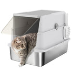 Extra Large Stainless Steel Cat Litter Tray With Scoop, Flip Top | Light Grey