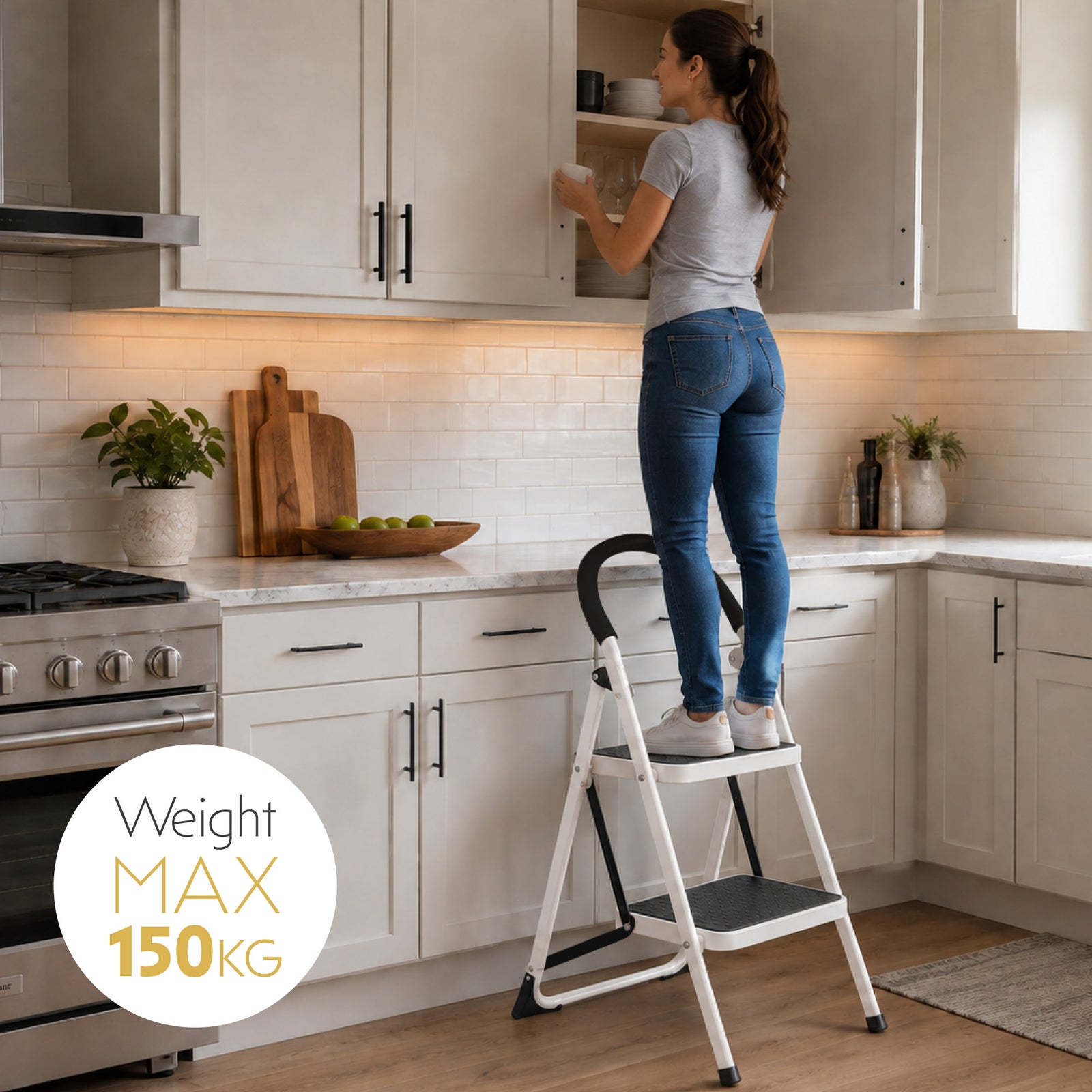 Step Ladder Premium Heavy-duty Steel Folding Step Stool 150kg Capacity | 2 Step | White