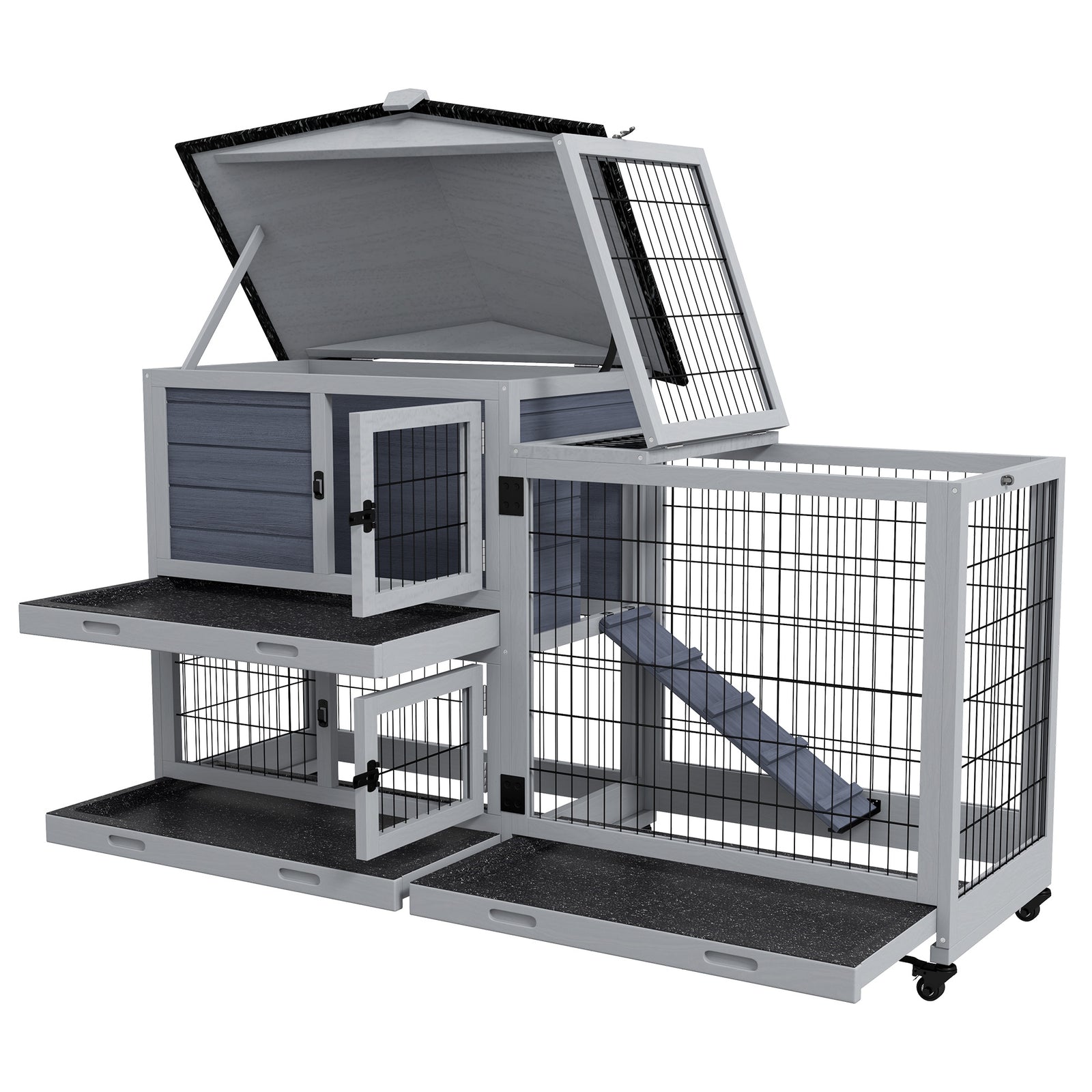 Large Rabbit Hutch Outdoor Indoor W/ Wheels, Three Slide-out Trays, Ramp