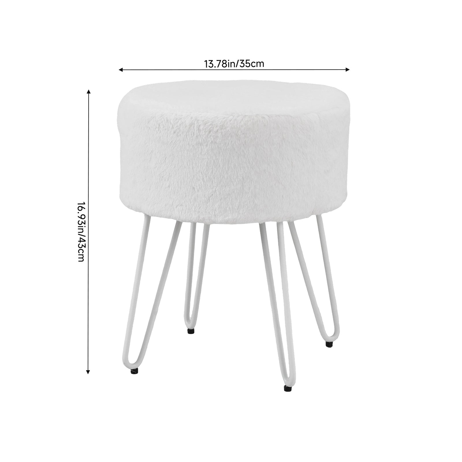 Breeins White Round Plush Vanity Stool With Metal Legs