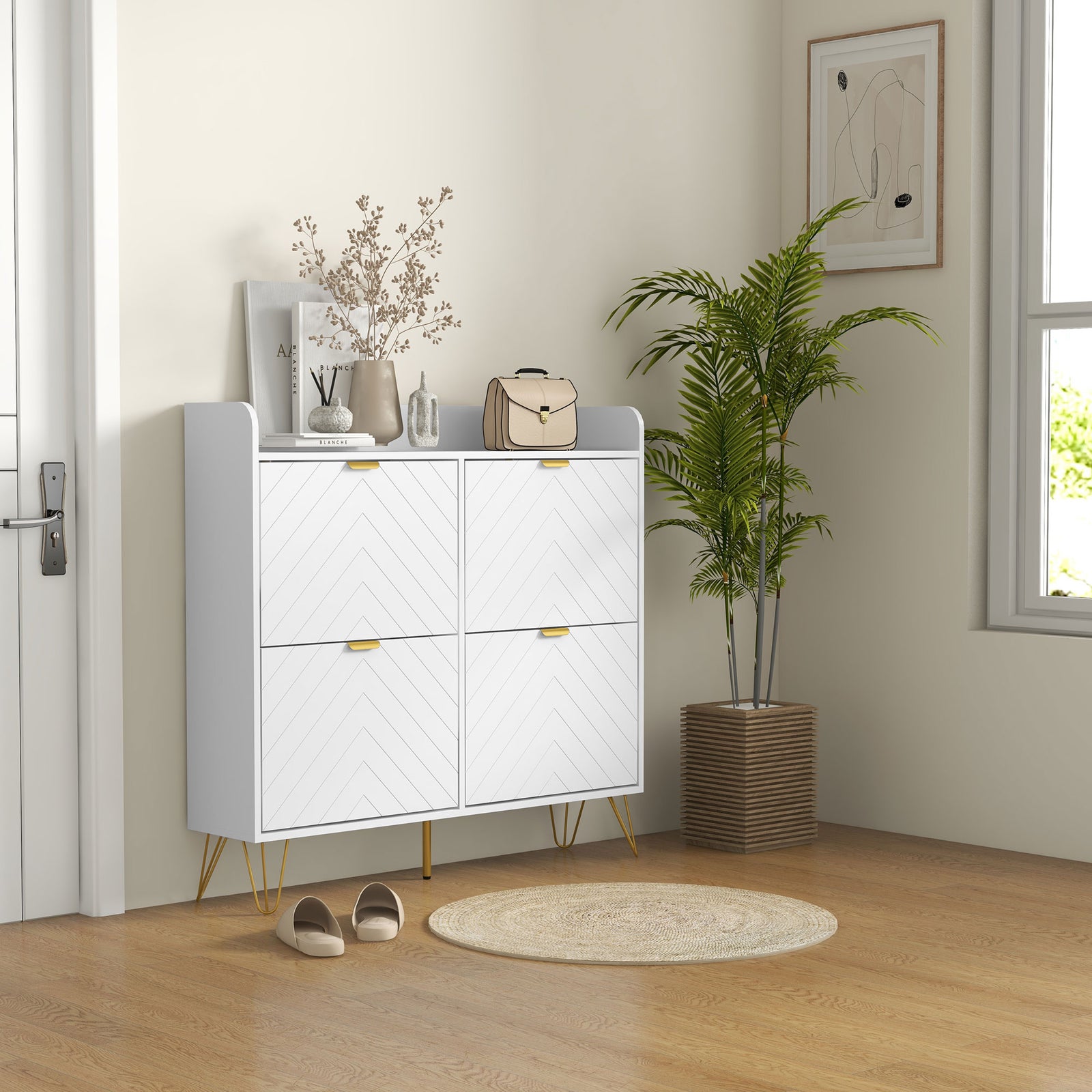 Narrow Shoe Storage Cabinet With 4 Flip Drawers For 16 Pairs