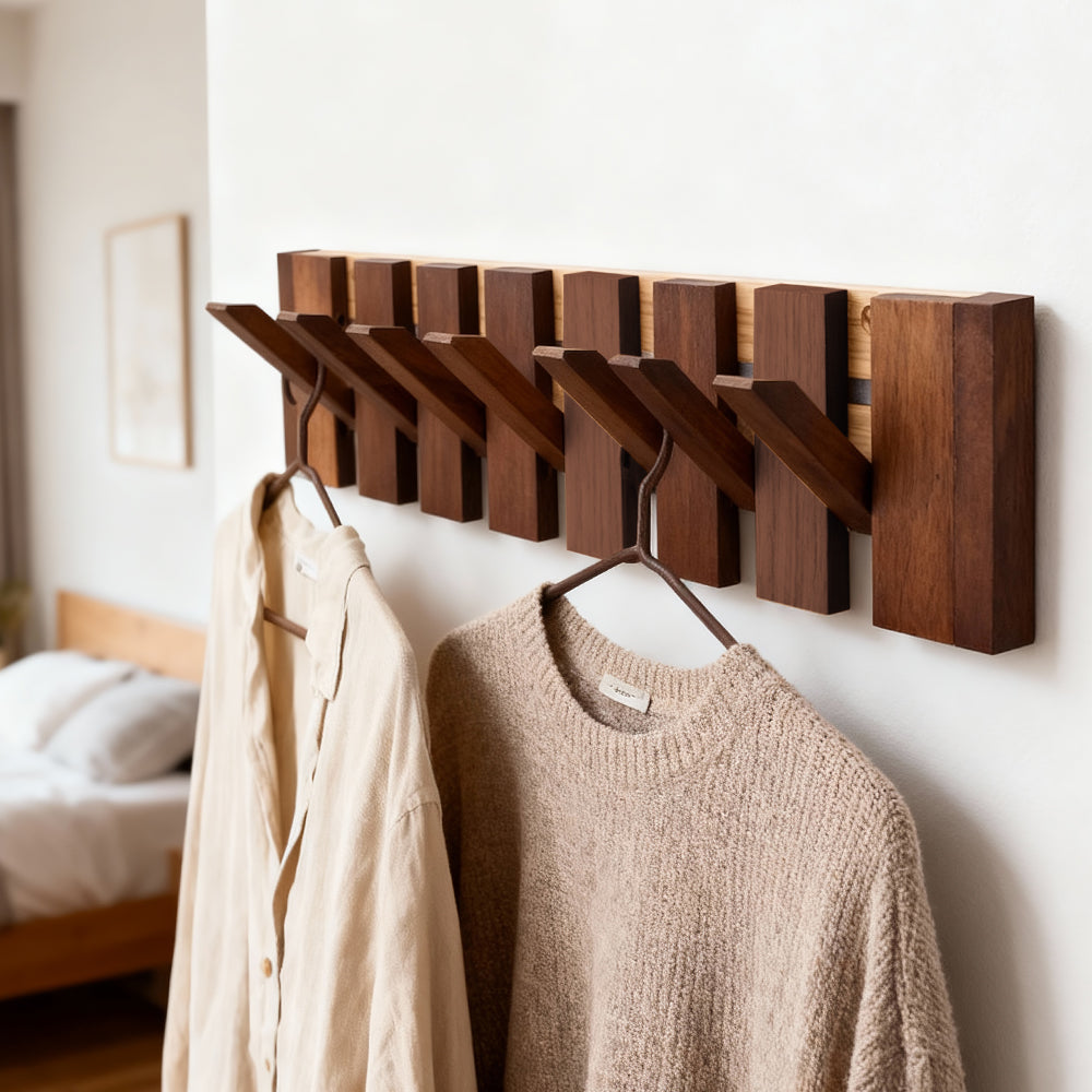 Wall-mounted Solid Wood Coat Rack With 6/8 Flip-down Hooks, Piano Key Design | Small | Walnut