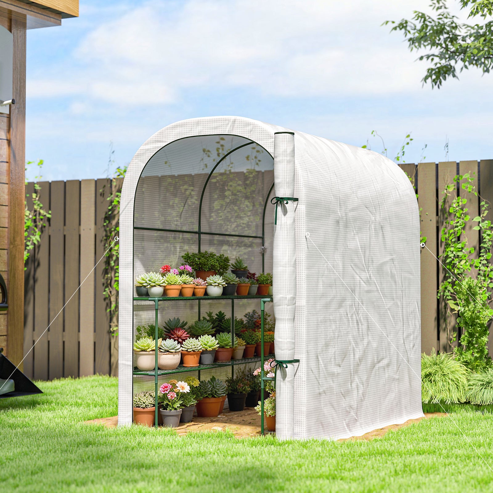 Walk-in Greenhouse Garden Plant Growhouse With Roll-up Door, White