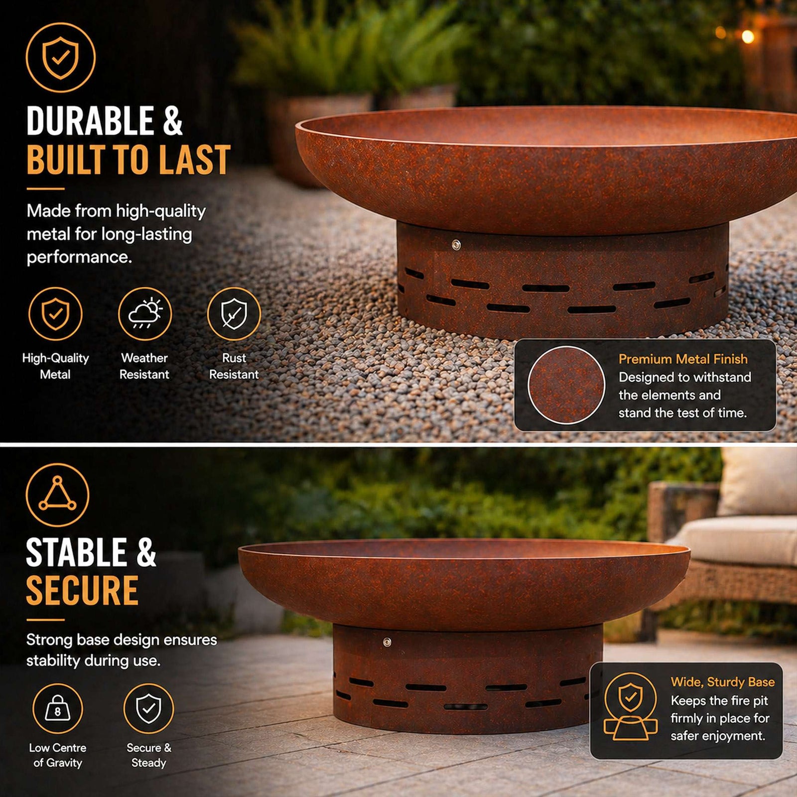 Nicoman Large Corten Steel Rust Fire Pit 70cm Outdoor Round Firepit For Garden