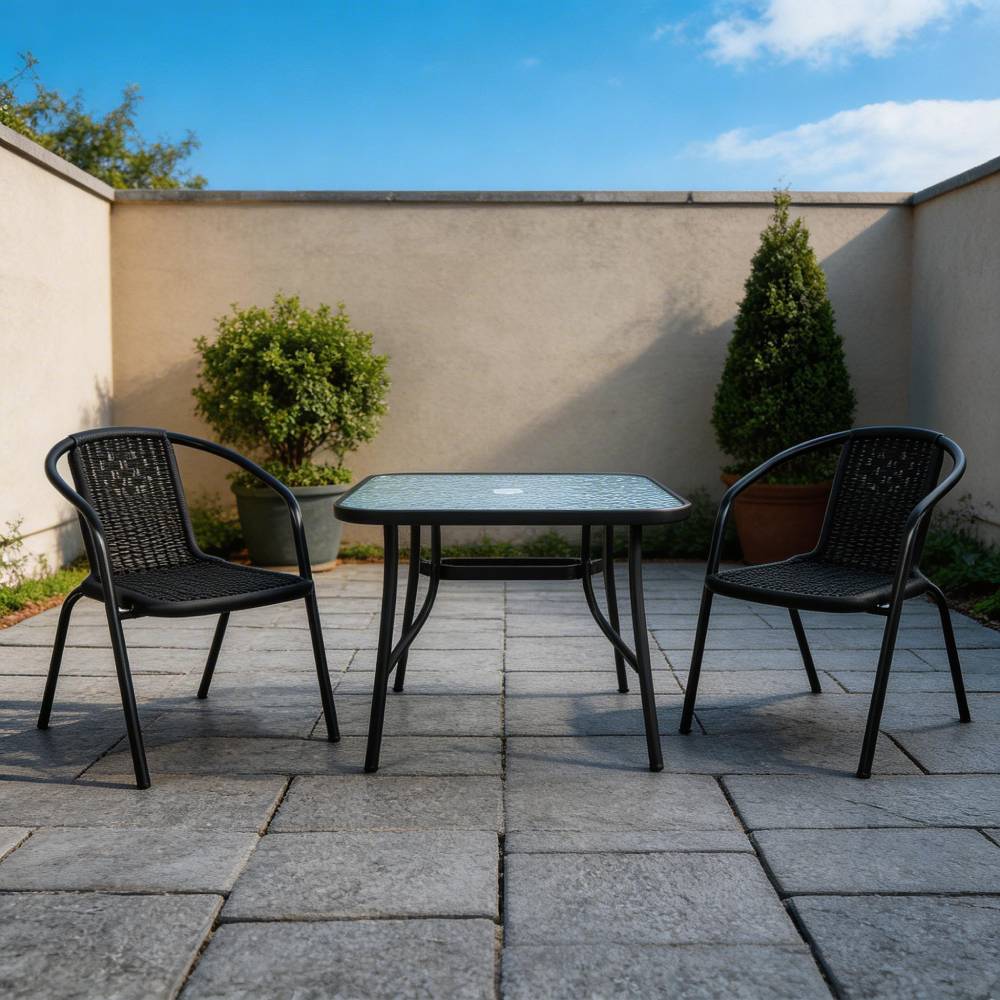 3 Pieces Bistro Set Tempered Glass Outdoor Coffee Table And Rattan Chairs