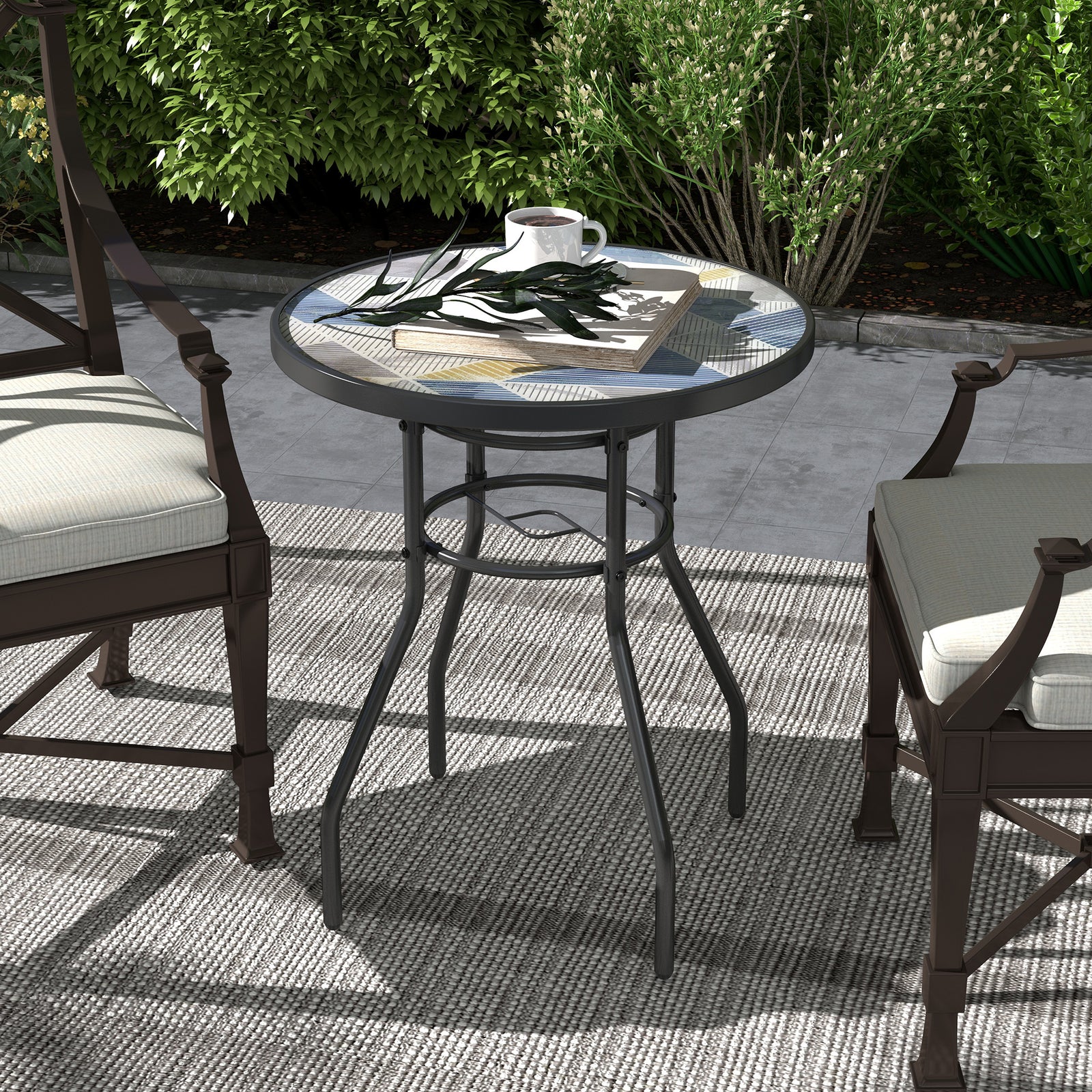 Garden Table W/ Tempered Glass Top, Steel Frame | Multi Colour
