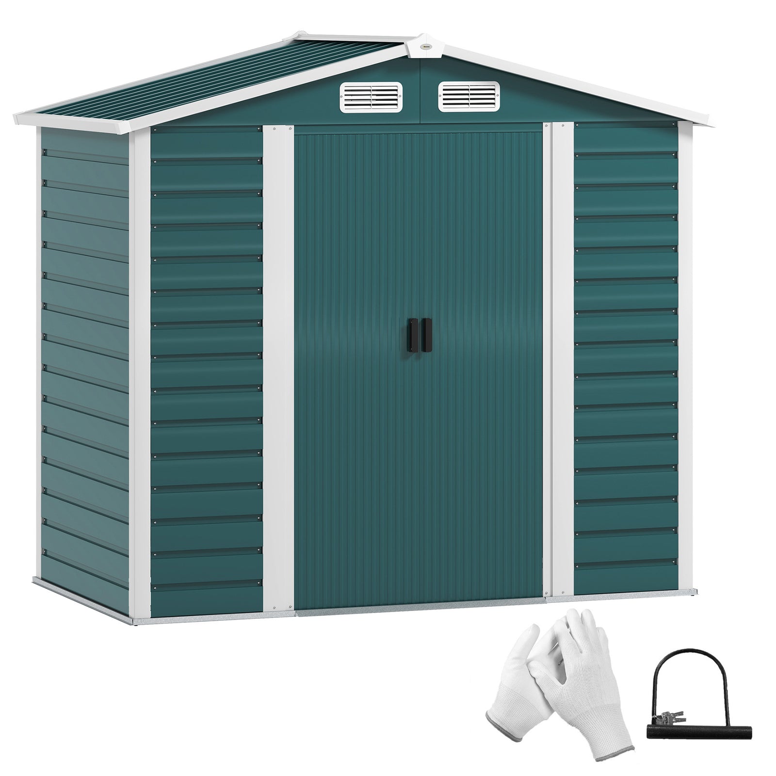 7 X 4ft Metal Garden Shed W/ Double Doors Gloves | Green