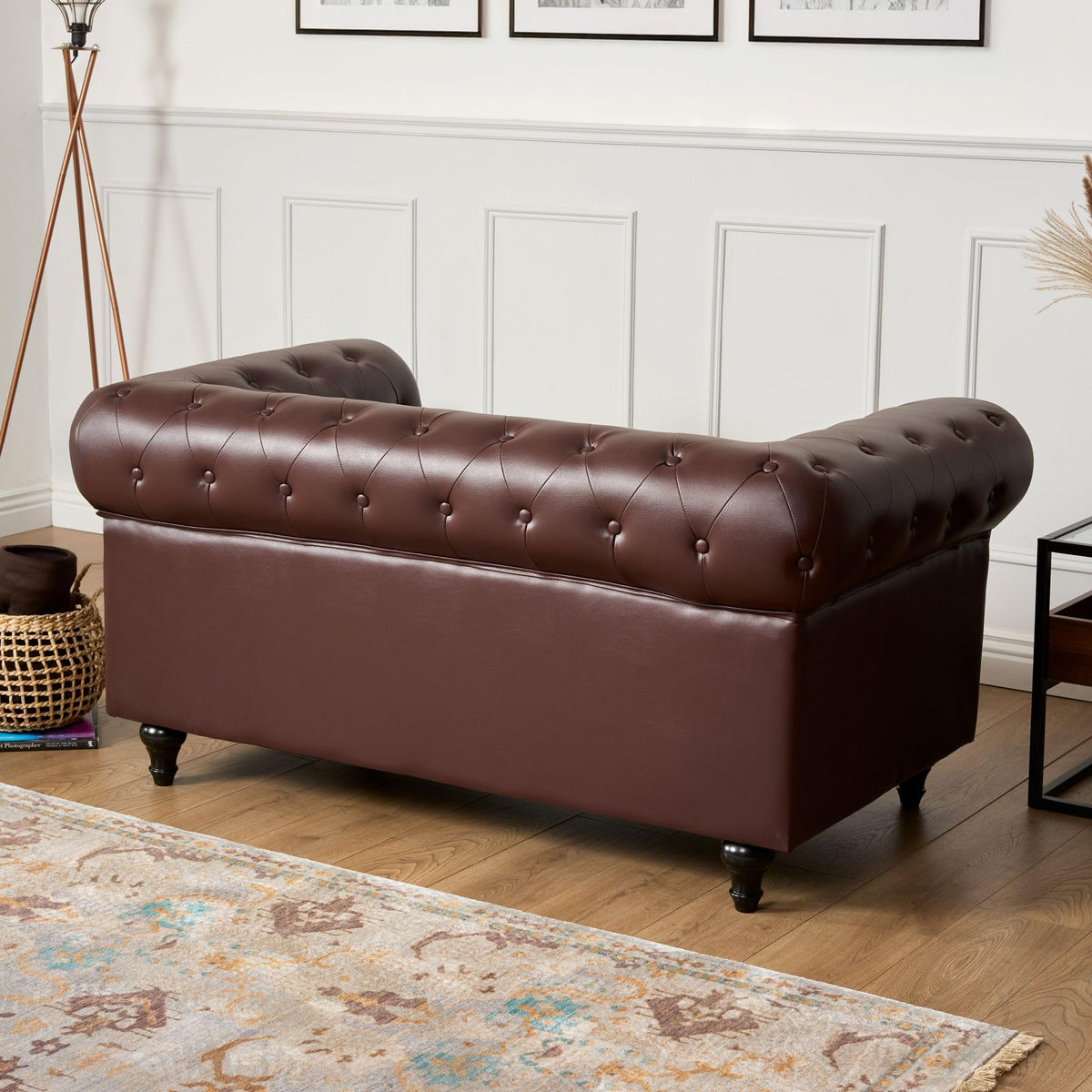 Chesterfield Scroll Arm Faux Leather Sofa 2 Seater | Brown