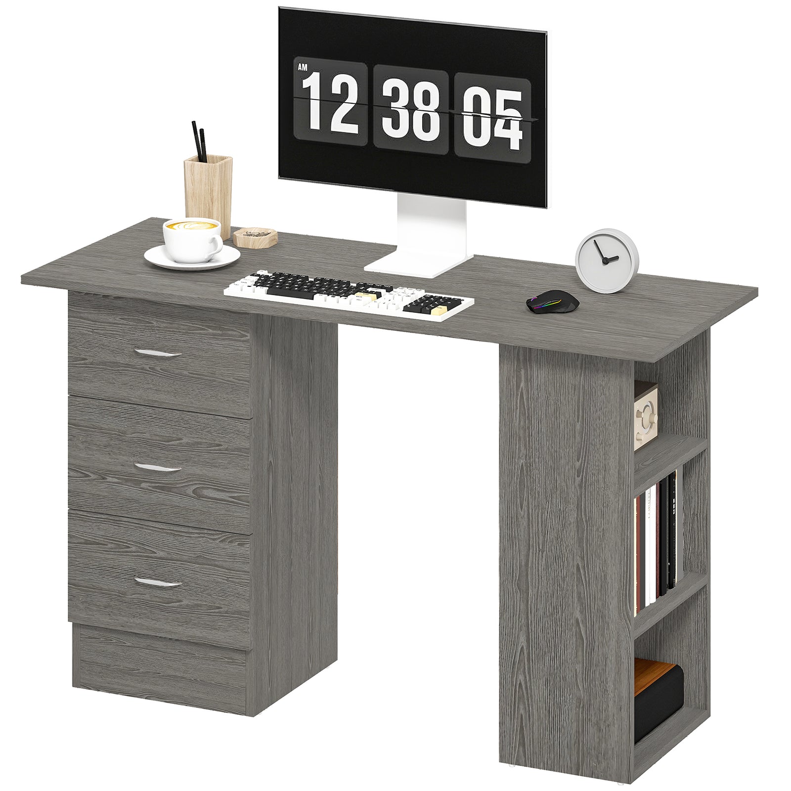120cm Computer Desk, Study Table With 3 Shelf & Drawers | Grey