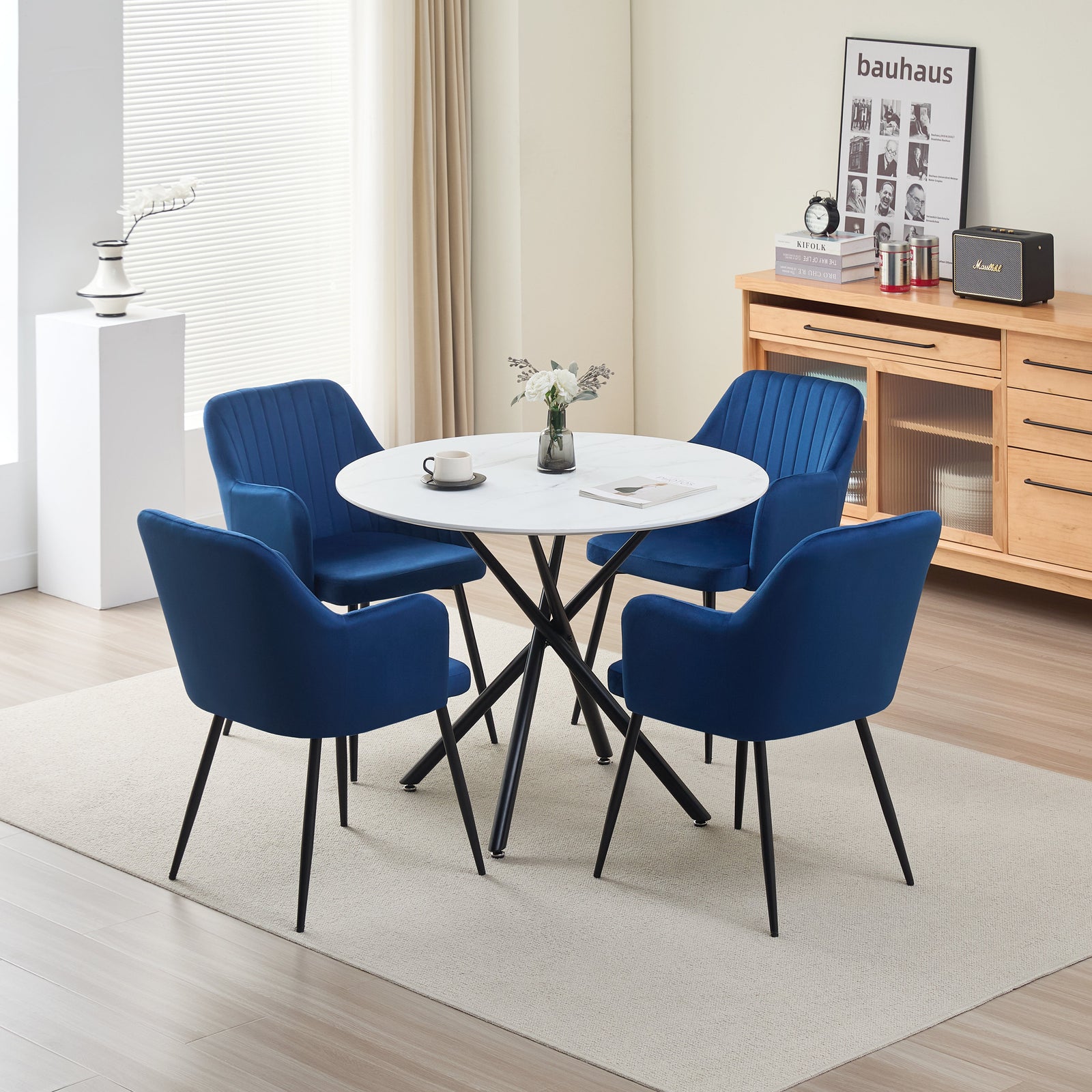 Elegant Seattle Dining Table Set With 4 Velvet Charlotte Chairs | Blue
