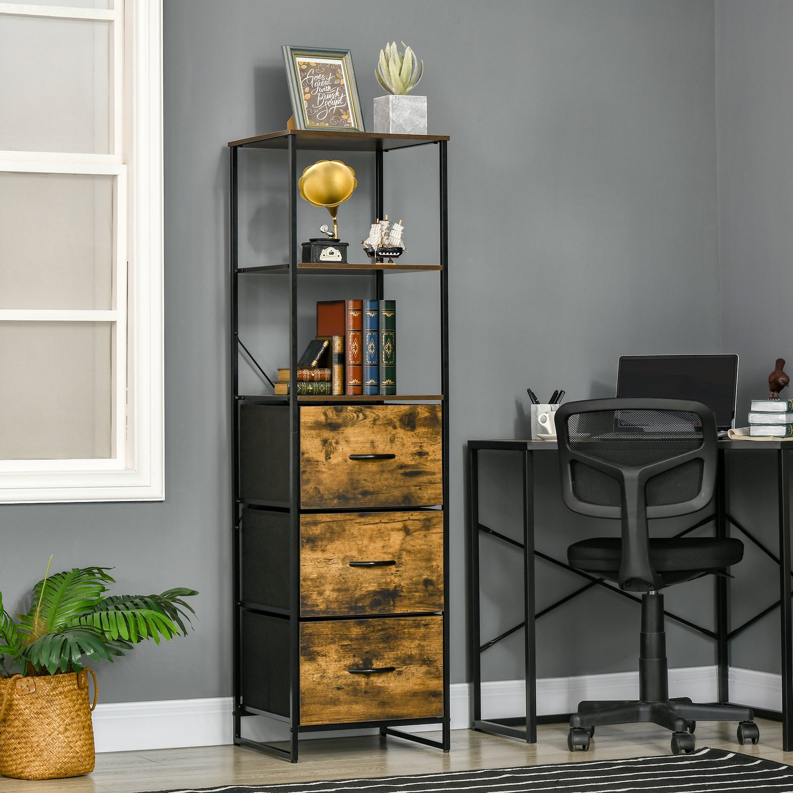 Industrial Storage Cabinet With 2 Shelves 3 Fabric Drawers