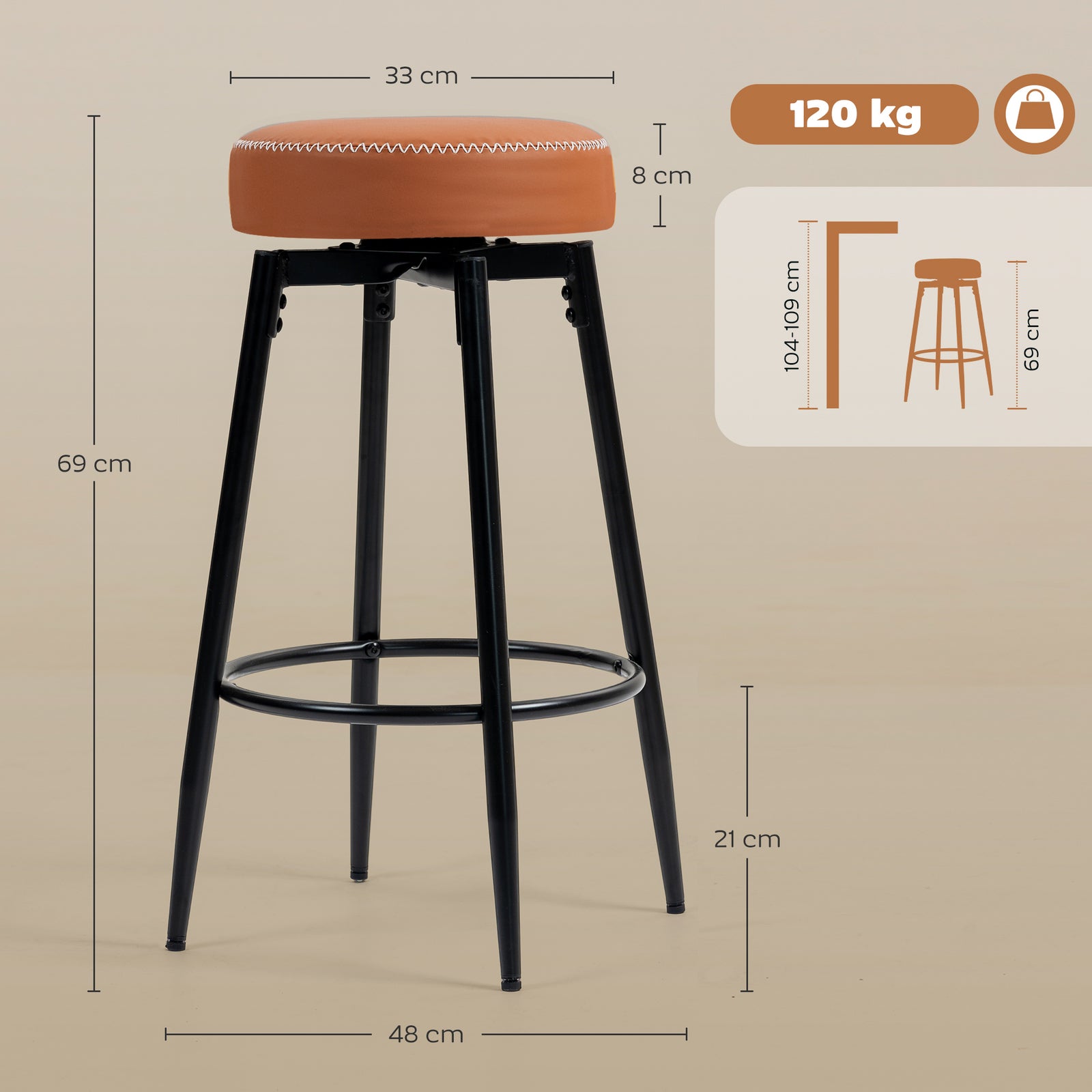 Swivel Bar Stools Set Of 2, Pu Leather Barstools With Footrest | Brown
