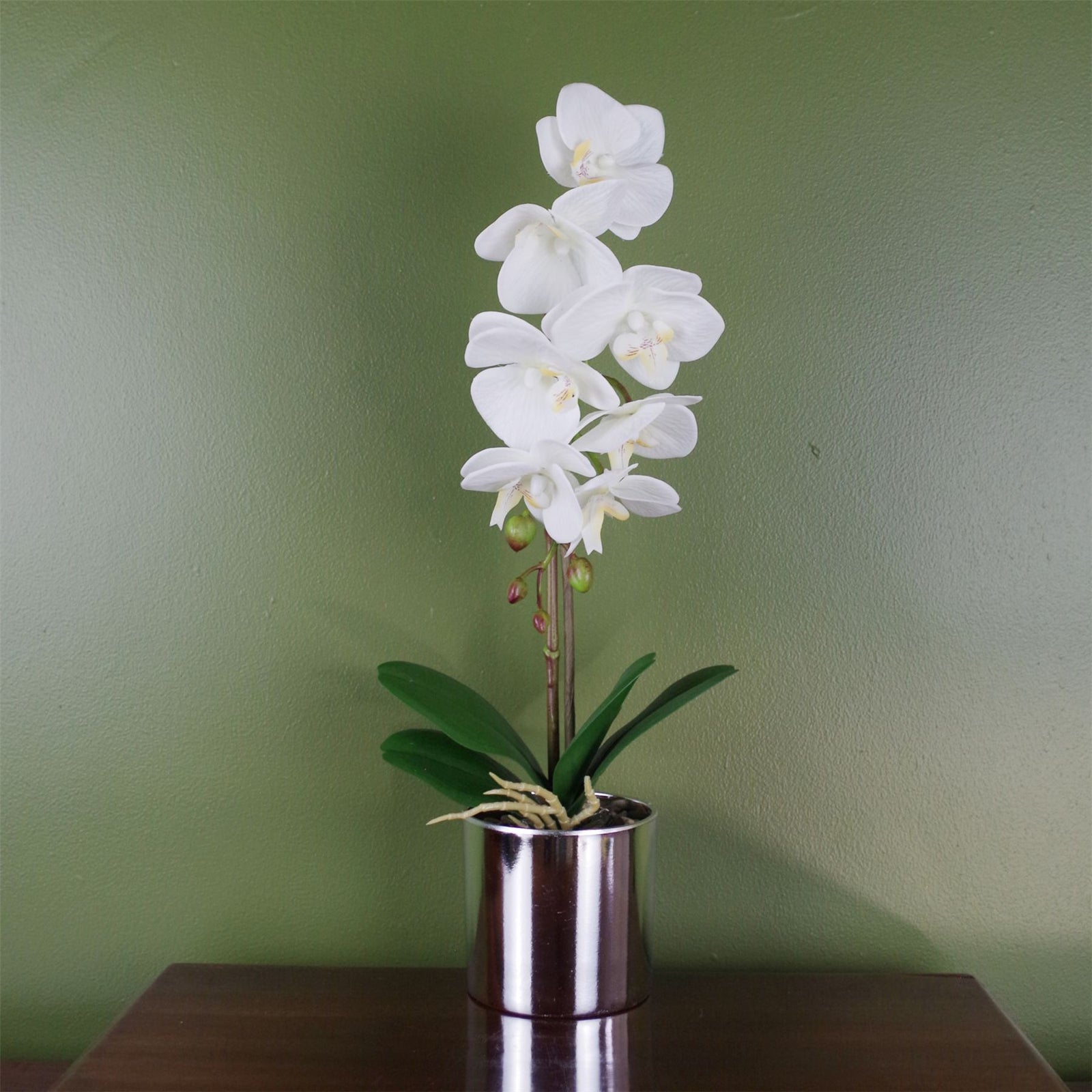 Artificial 46cm Orchid White With Silver Pot