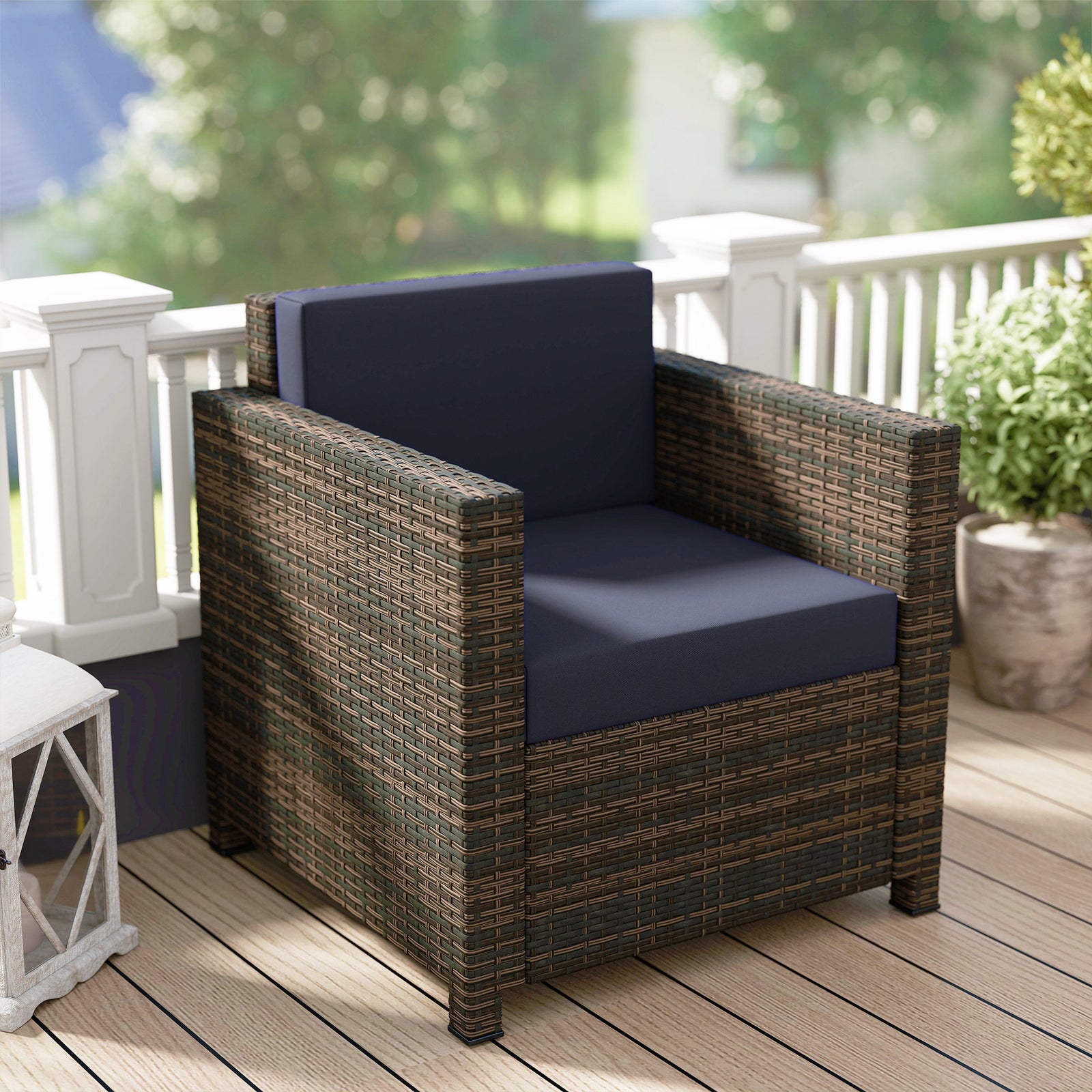 Rattan Garden Armchair, Cushioned Single Rattan Chair | Blue