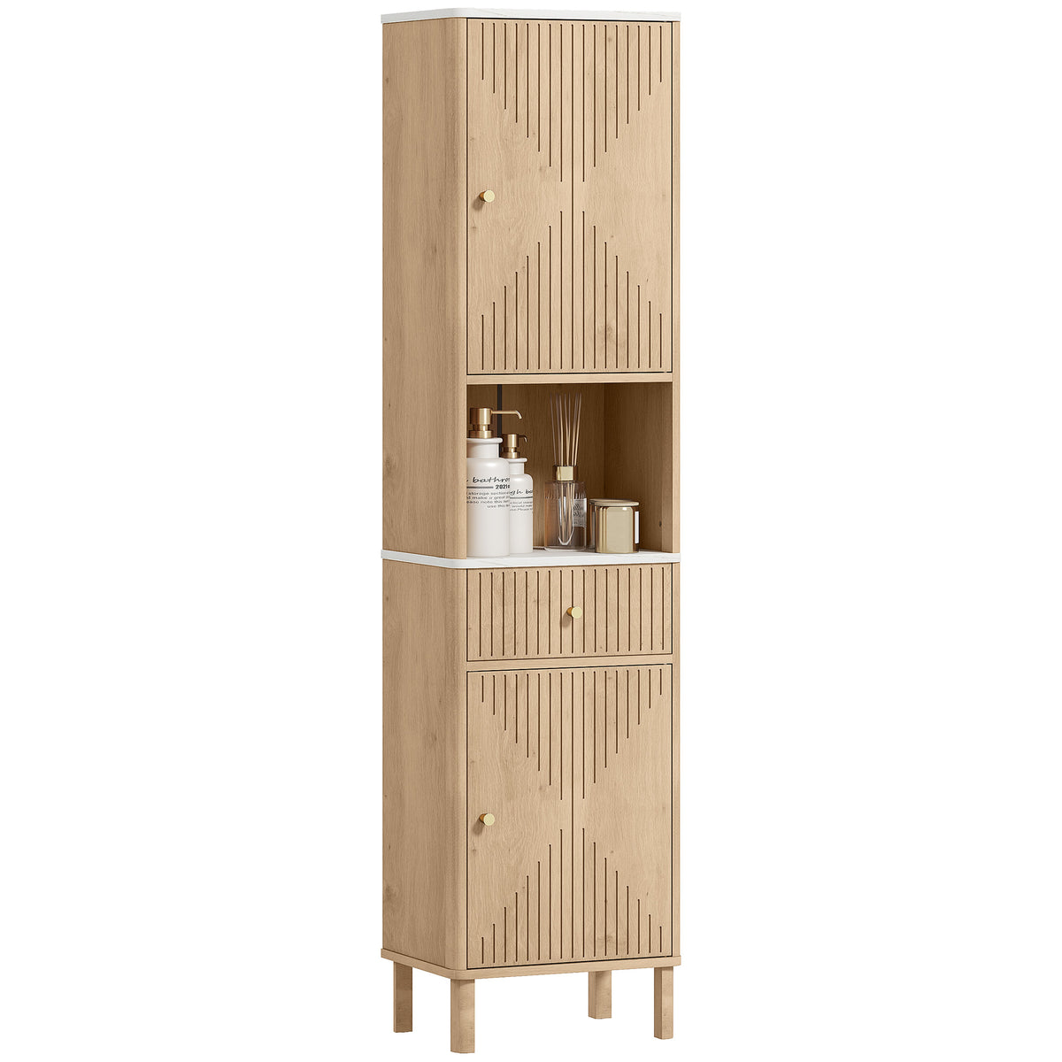 HOMCOM 168 Cm Tall Bathroom Cabinet With Drawer And Adjustable Shelves, Oak