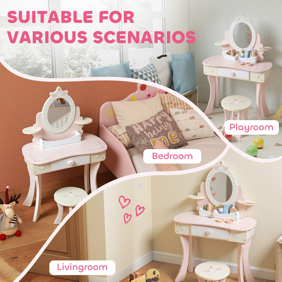 AIYAPLAY Kids Dressing Table, Girls Vanity Set W/ Stool, 7 Play Accessories