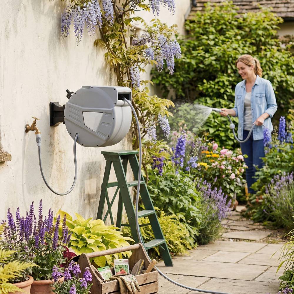 Wall Mounted Retractable Garden Hose Reel With Spray Nozzle | Small