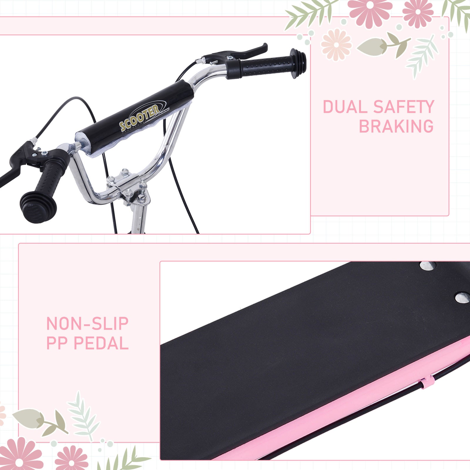Teen Scooter Adjustable Height Dual Brakes Rubber Wheels Kickstand | Pink