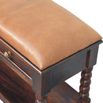 Solid Wood Spindle Winewood Leather Bench