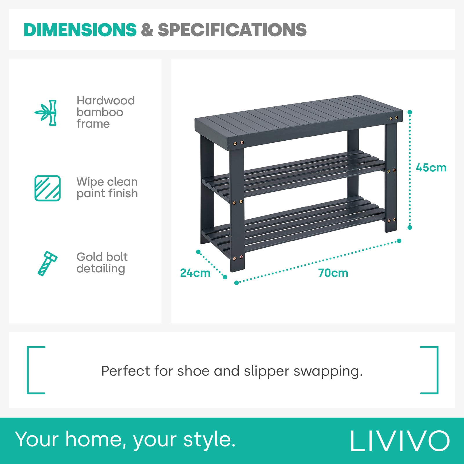Bamboo 2-tier Shoe Bench - Grey