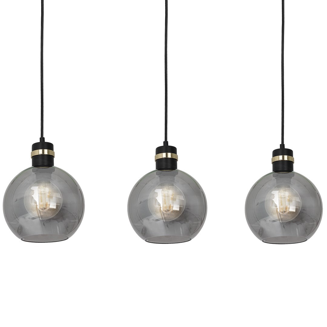 Omega Hand Made Linear Pendant Lamp With Elegant Smoked Glass Spheres Quality Matt Black Fittings With Gold Detail