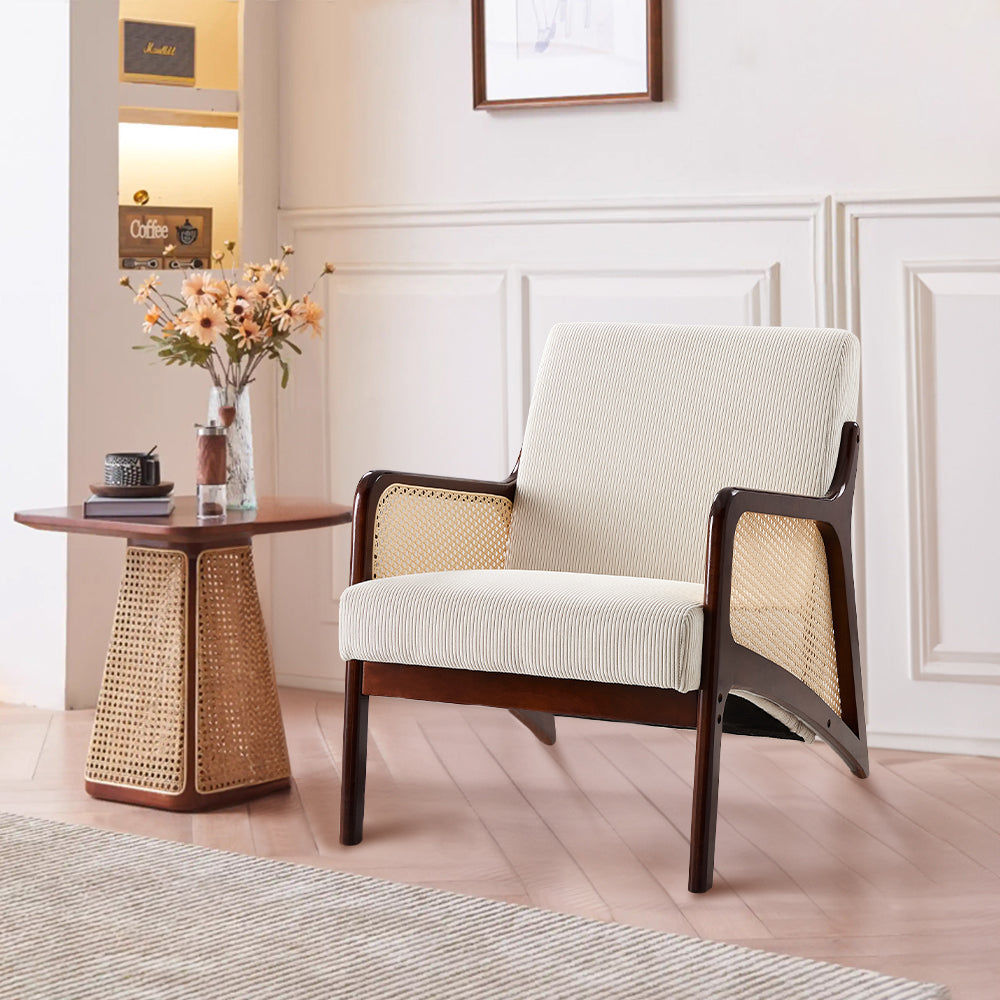 Corduroy Armchair With Rattan-weave Side Panels – Accent Chair With Rubberwood Legs | Beige