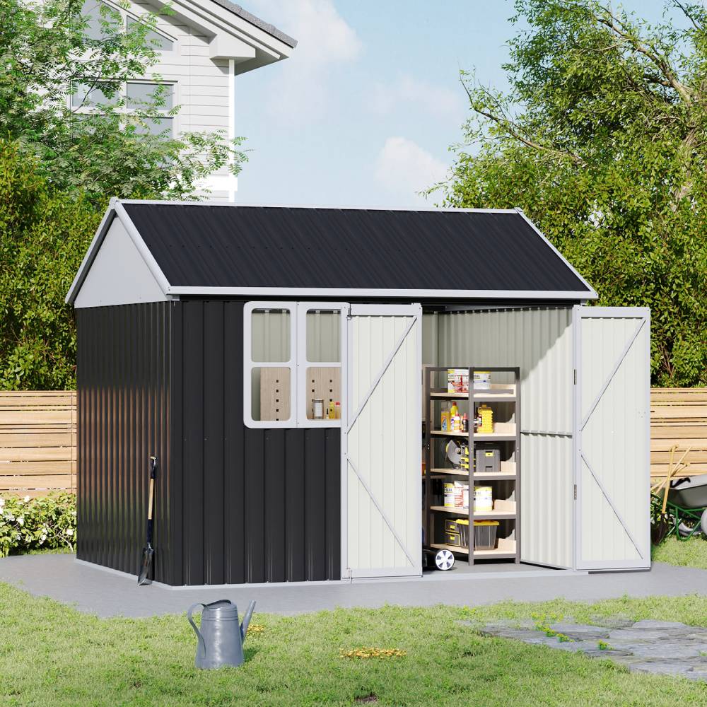 10x8ft Lockable Outdoor Metal Shed With Window – Apex Roof Garden Storage With Double Doors For Tools, Equipment