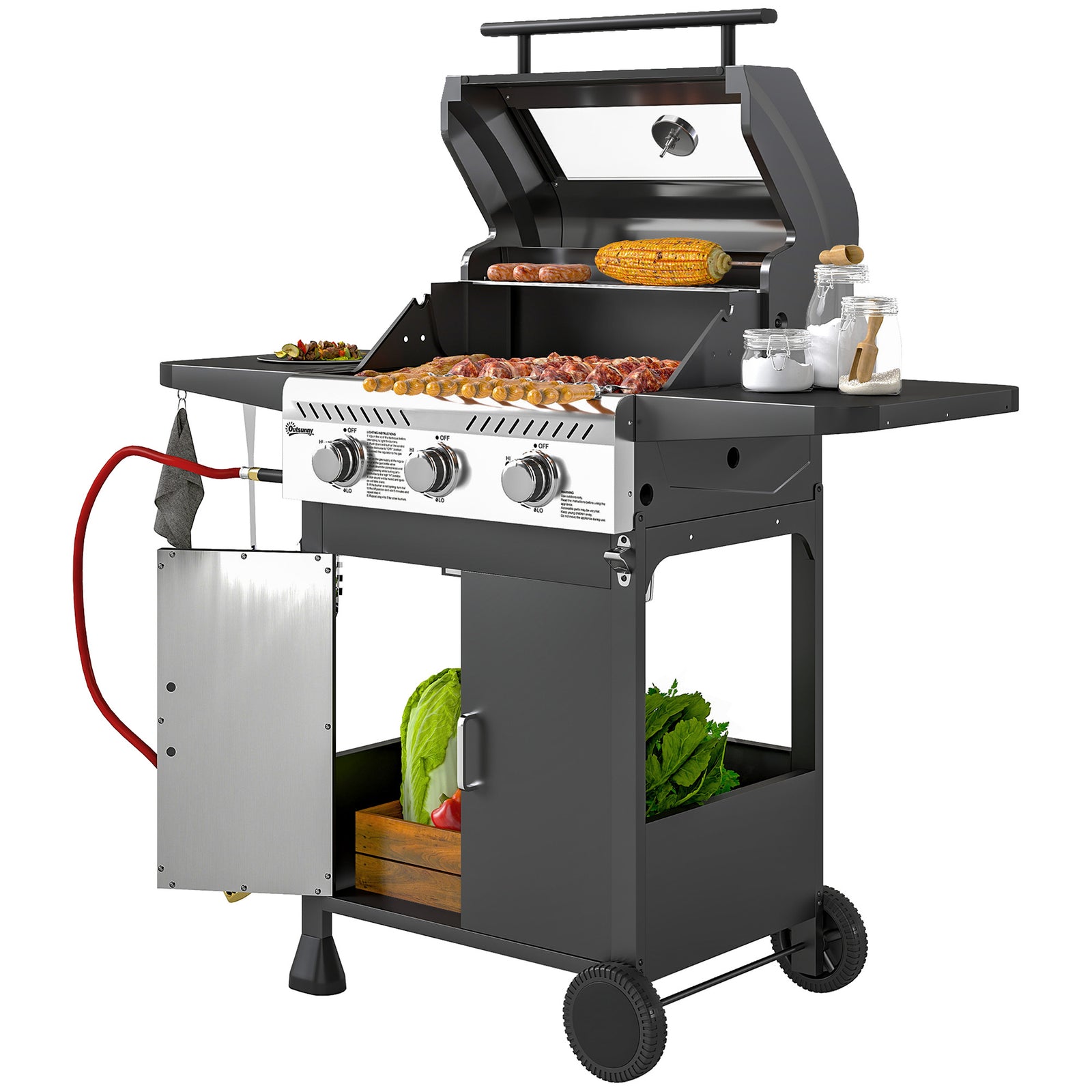 Outsunny 3 Burner Gas Bbq Trolley With Lid