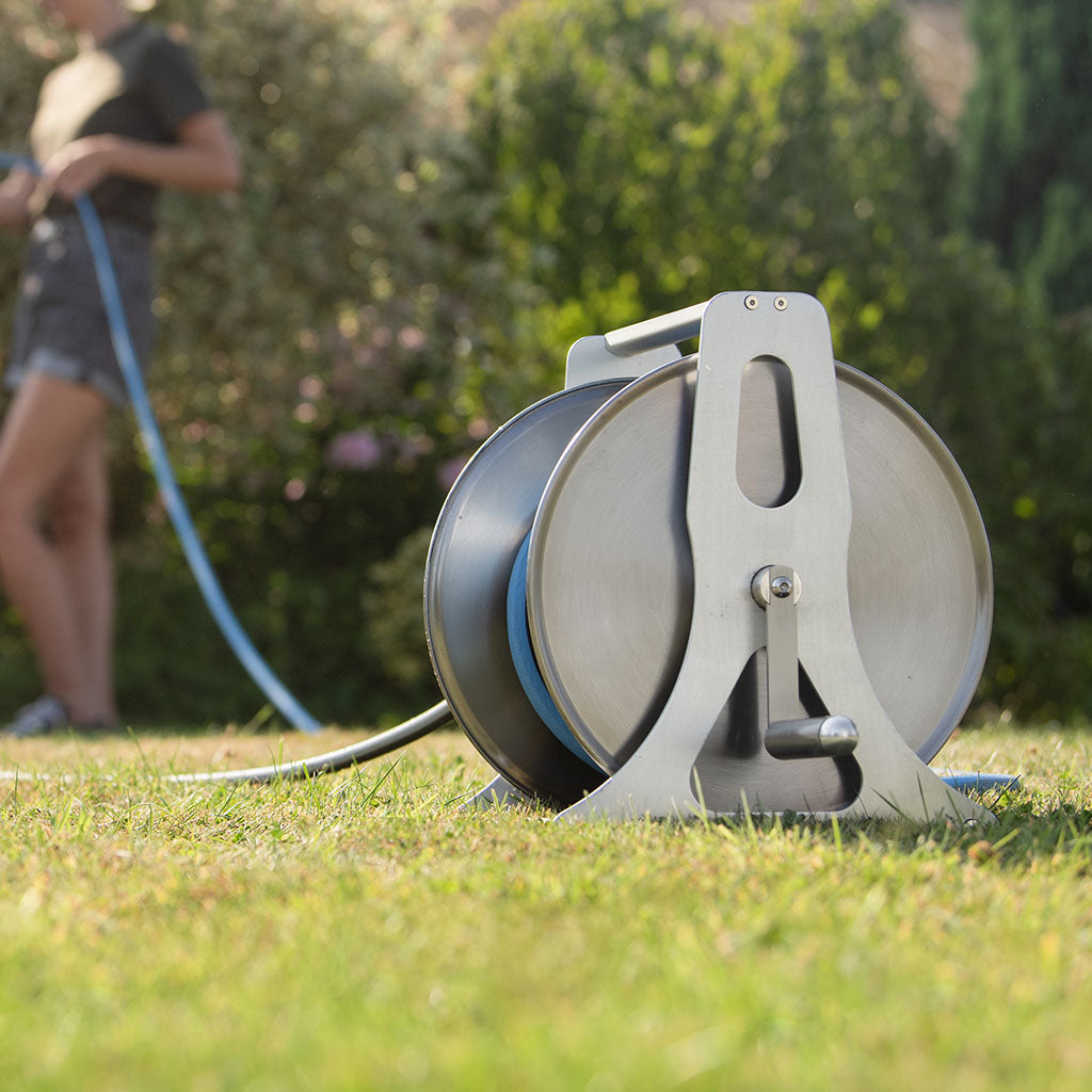 Professional Empty Metal Hose Reel, Wall Or Freestanding, 40m (13mm), Stainless Steel And Aluminium | Silver