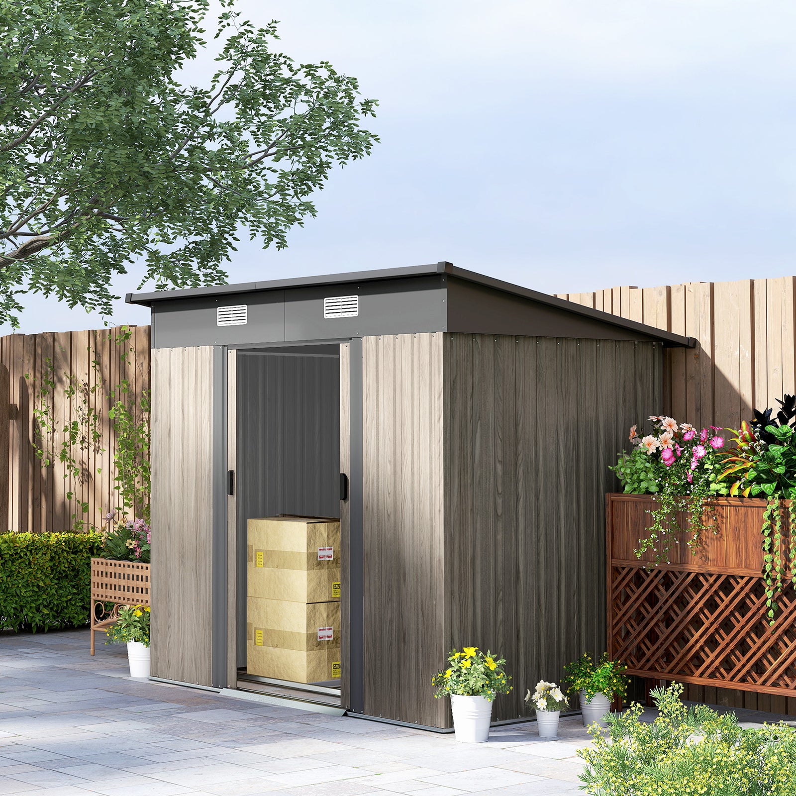 7x4ft Outdoor Metal Storage Shed, Grey