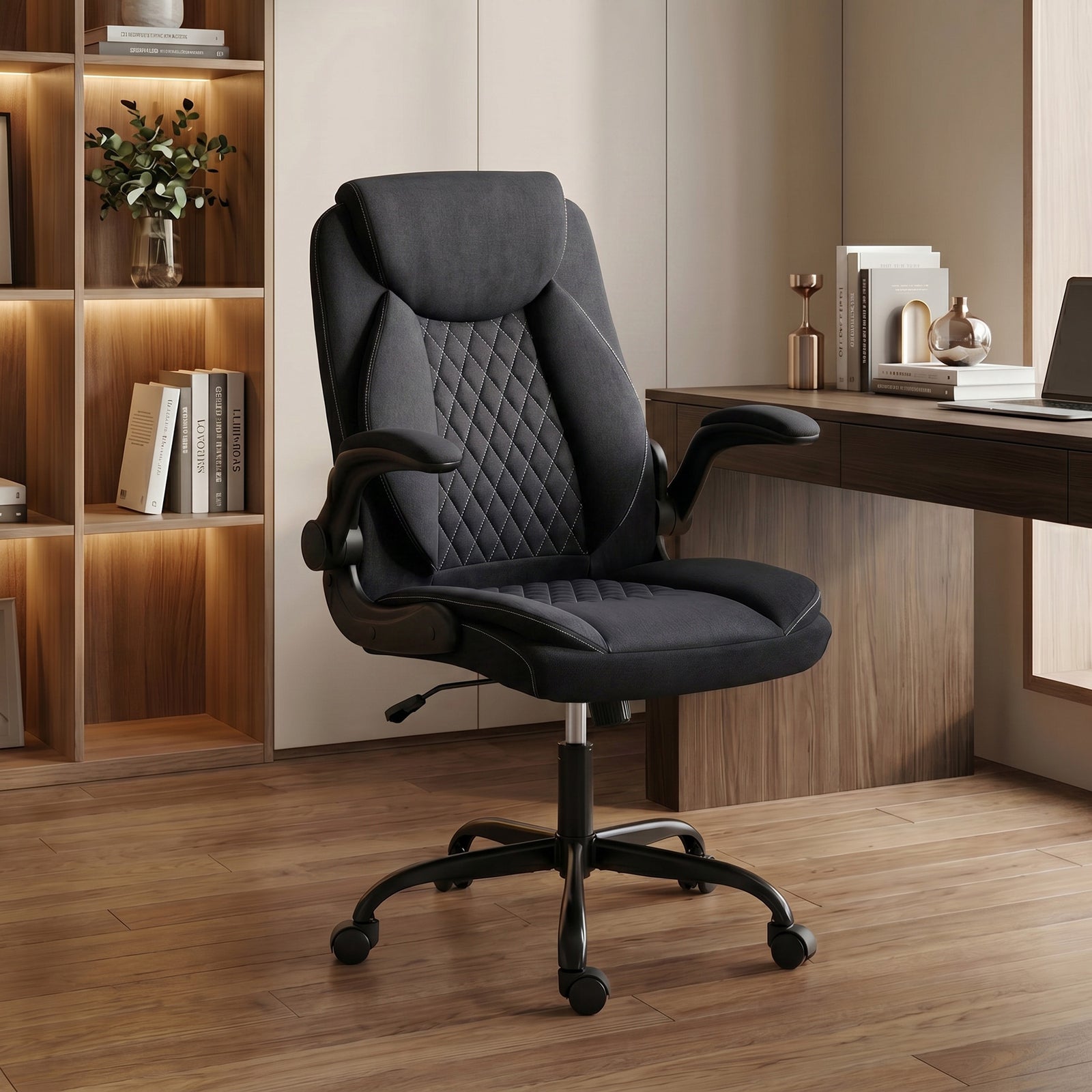 Linen-look Computer Desk Chair With Thick Cushion | Black