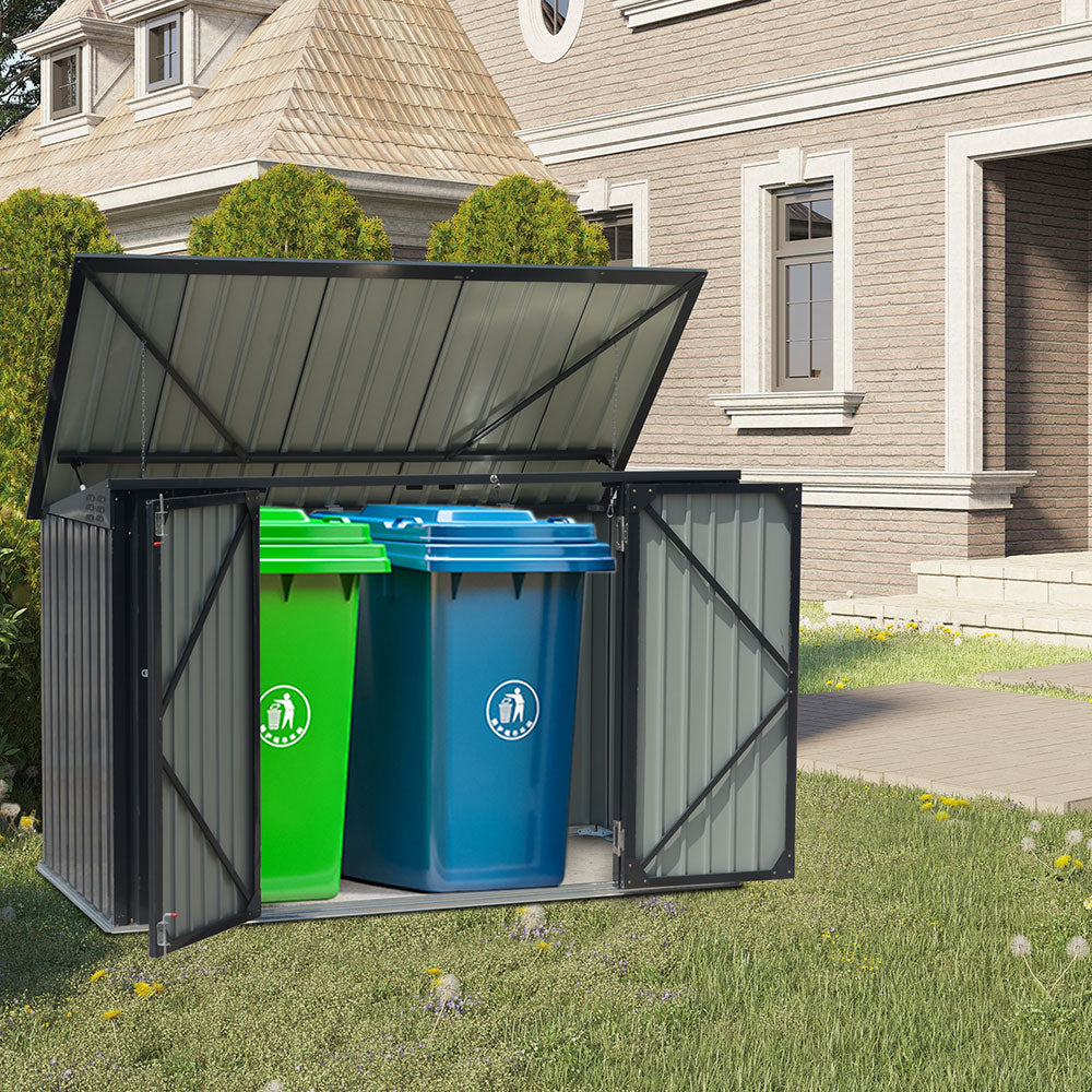 Outdoor Metal Garbage Storage Shed With Hinged Lid – Lockable Steel Trash Can Storage Cabinet For Garden & Patio