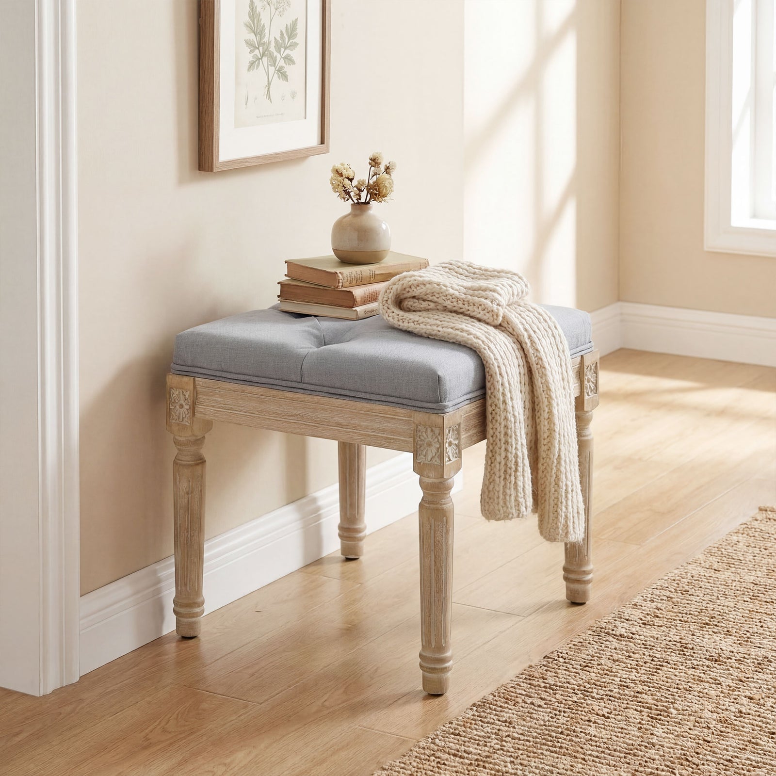HOMCOM Vintage Foot Stool With Wood Legs, Light Grey