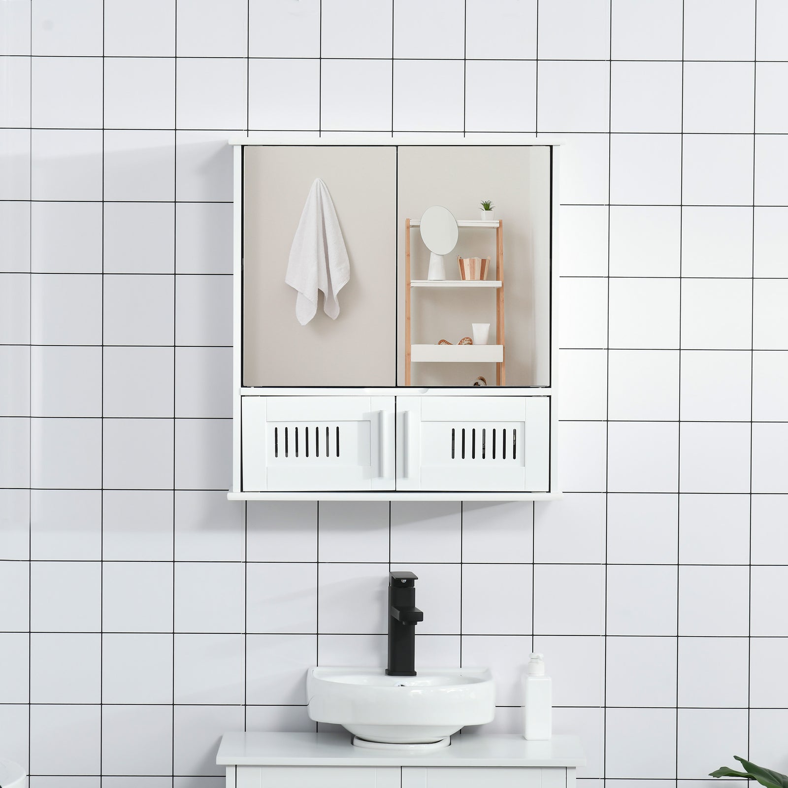 Bathroom Mirror Cabinet Wall Mount Storage Unit Double Doors | One Size | White