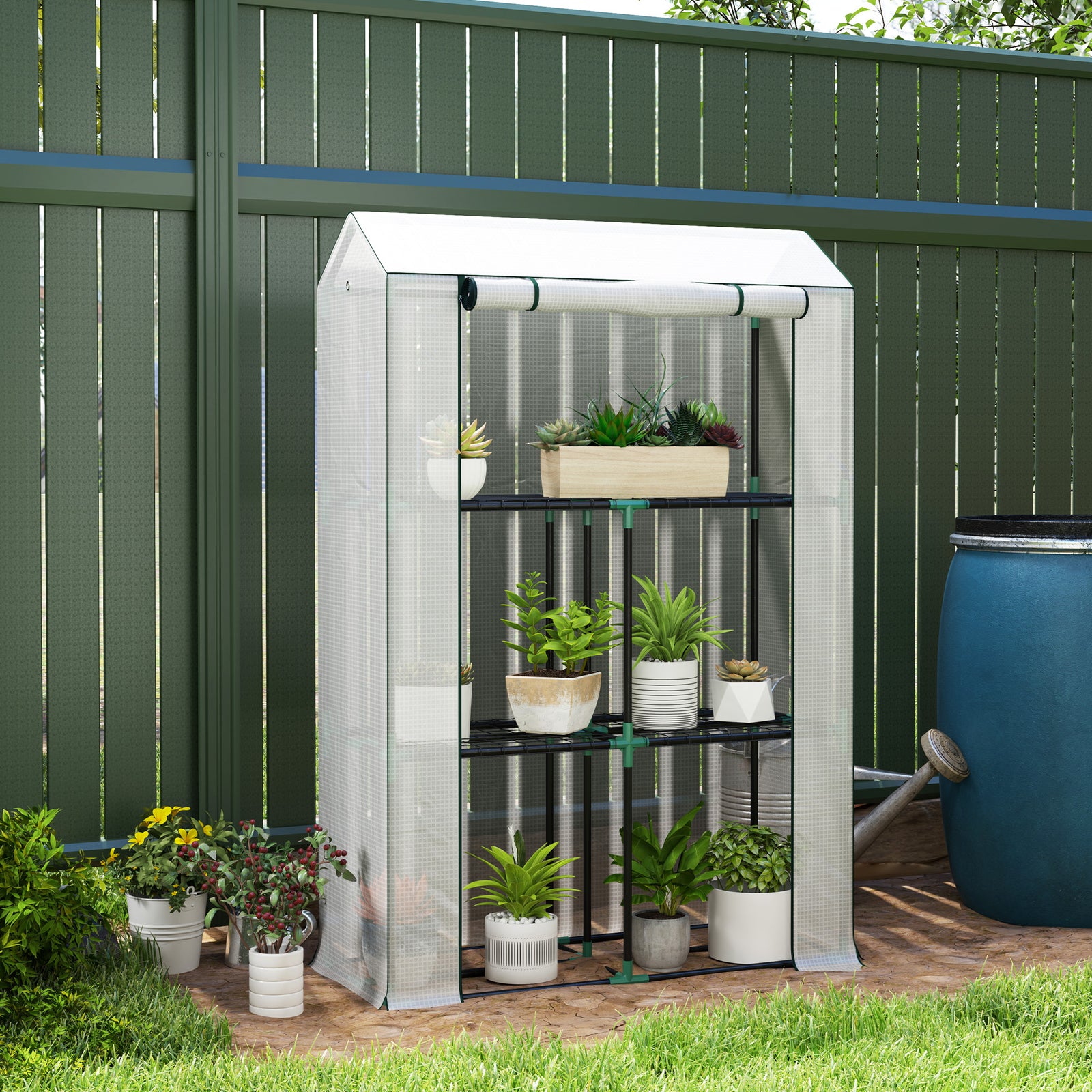 3 Tier Mini Greenhouse W/ Pe Cover, Roll-up Door | White