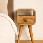 Solid Wood Extra Mini Oak-ish Curved Bedside, 1 Drawer And Open Slot, Beige