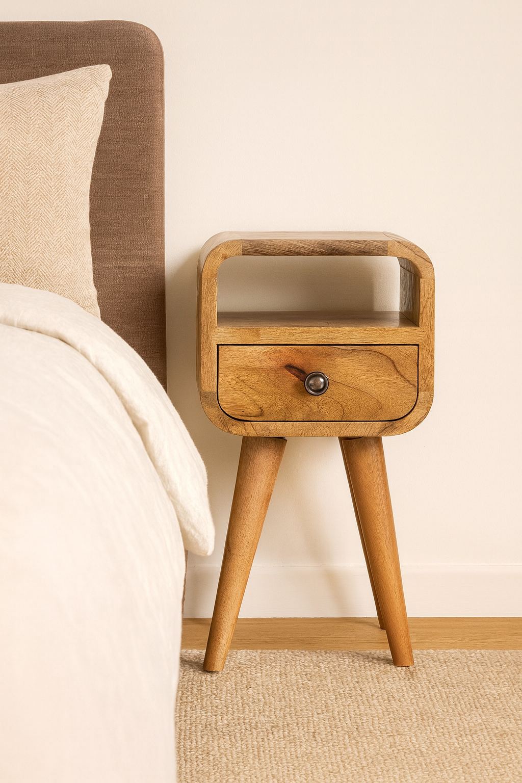 Solid Wood Extra Mini Oak-ish Curved Bedside, 1 Drawer And Open Slot, Beige