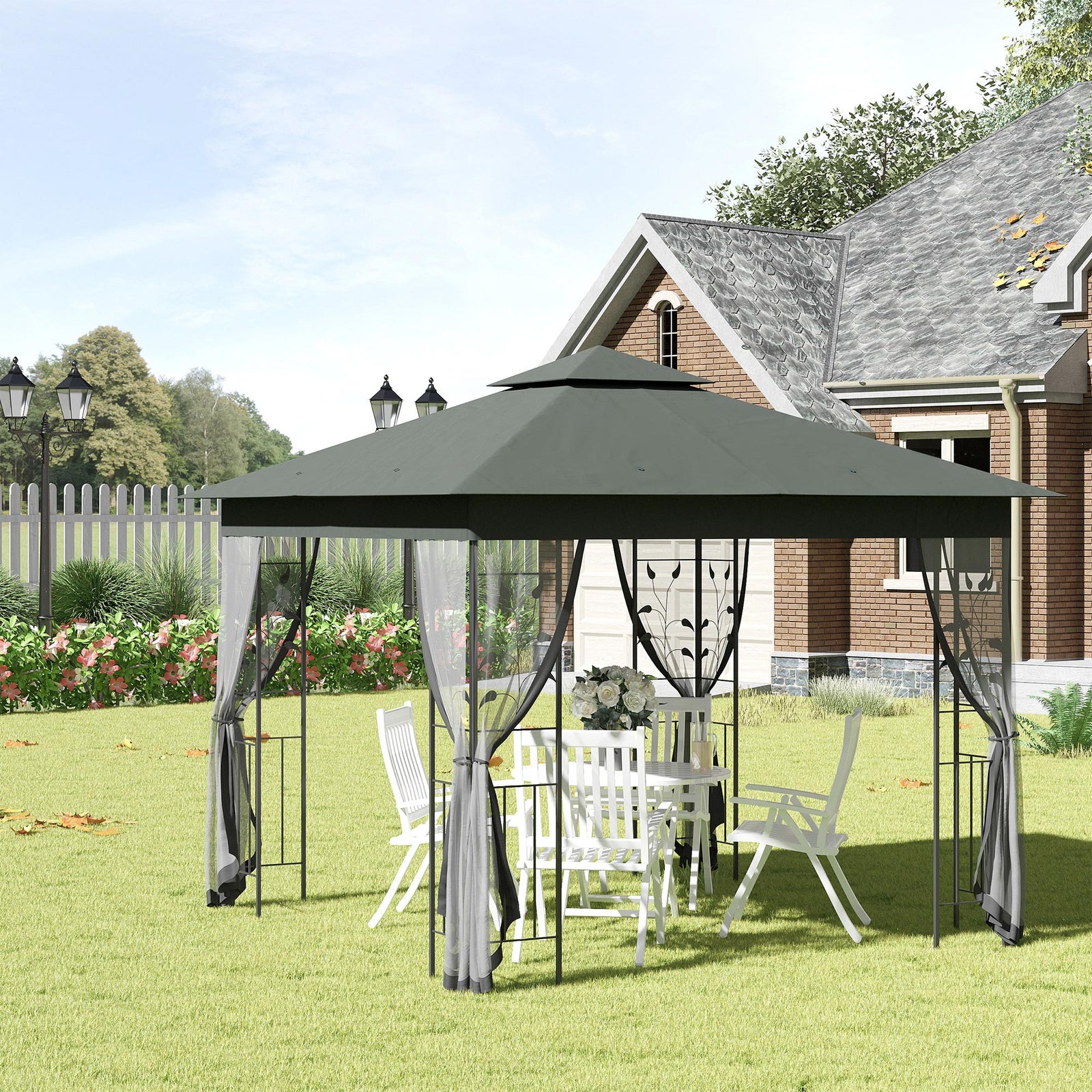 3x3m Garden Gazebo, Double Roof With Netting