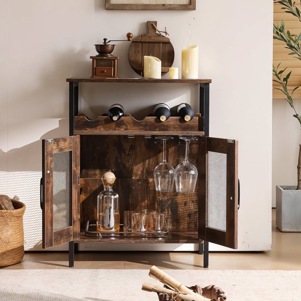 Wooden Wine Bar Cabinet With Wine Rack And Stemware Holders