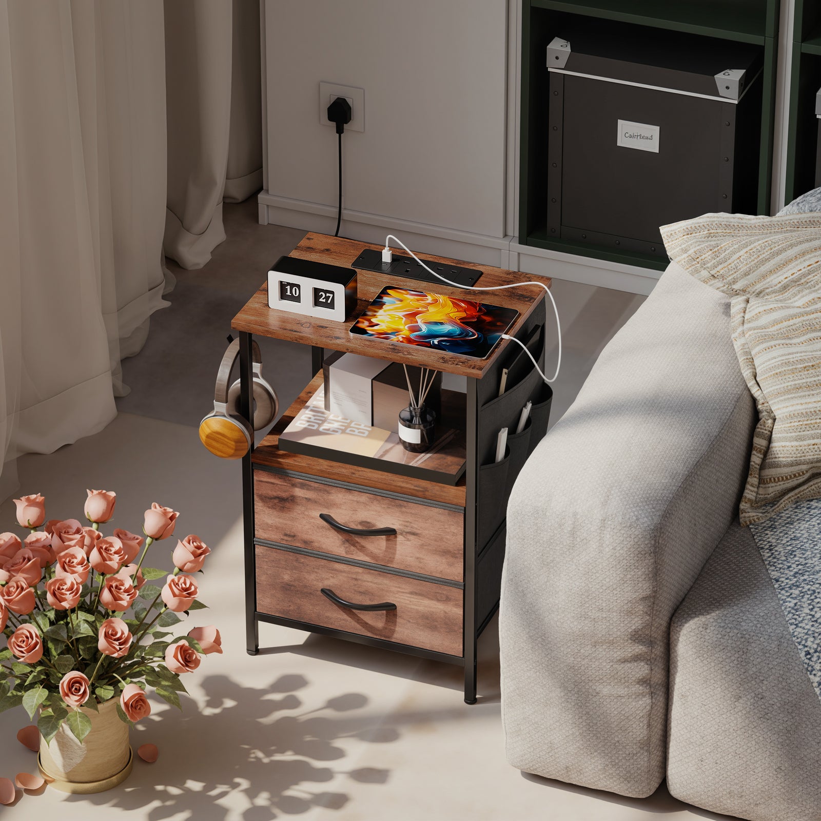 Slim Side Table With Charging Station, Bedside Table | Rustic Brown